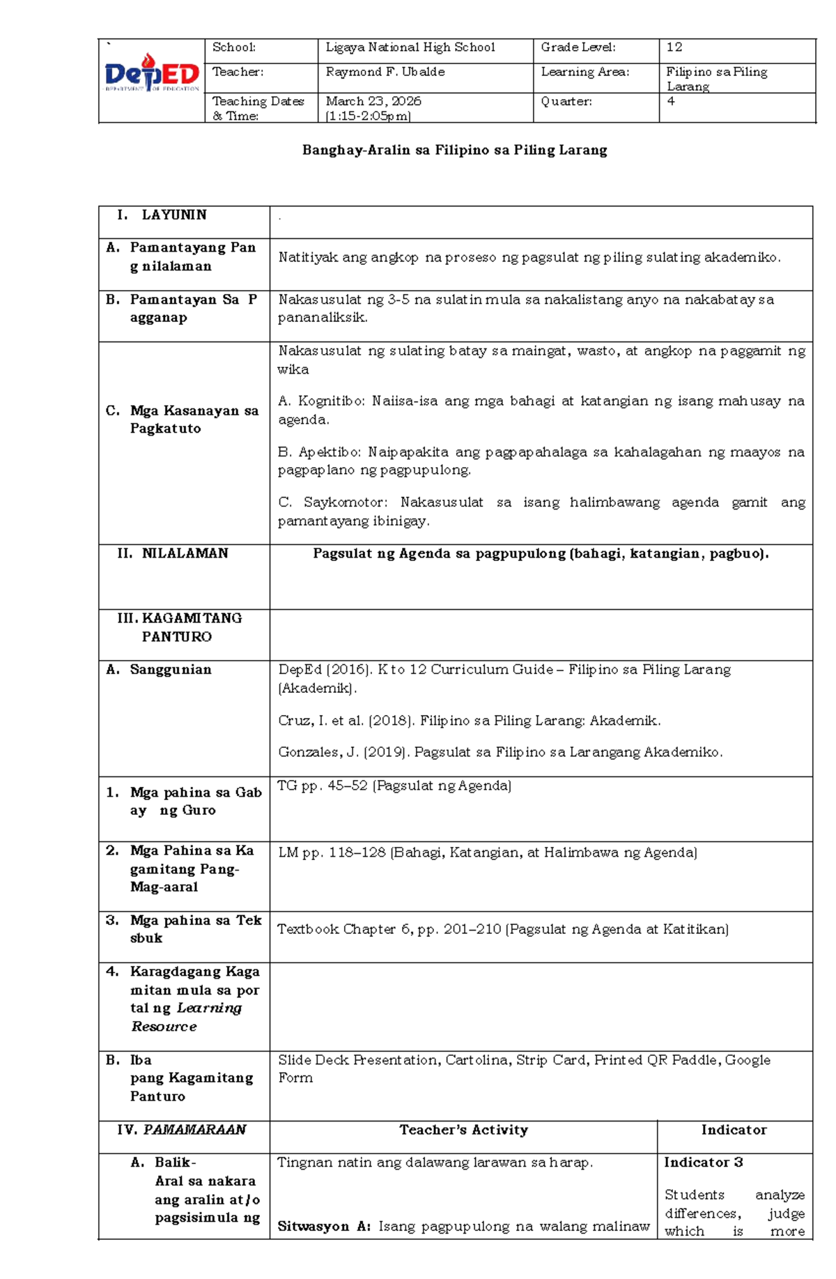 Filipino 12 Lesson Plan: Pagsulat ng Agenda sa Pagpupulong - Studocu
