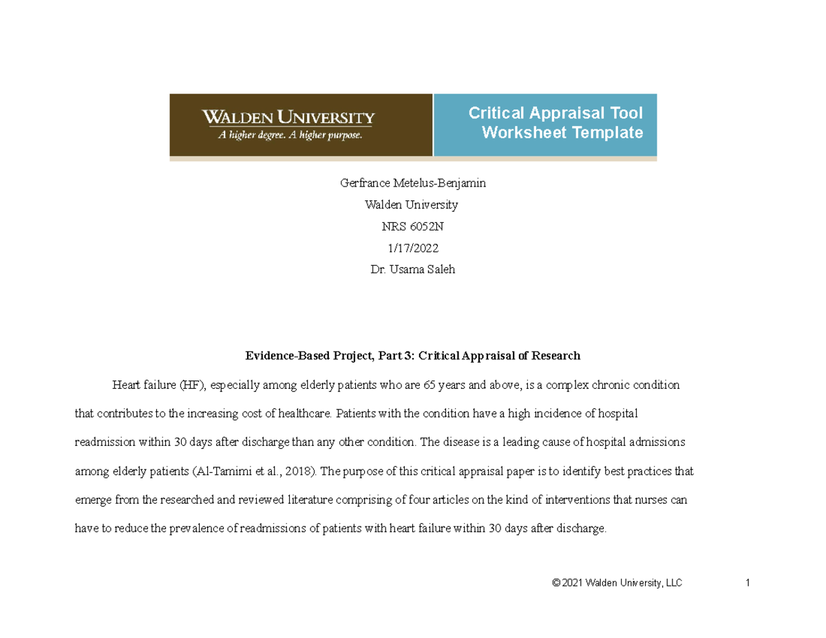 NRS 6052N Evidence-Based Project Part 3: Critical Appraisal of Research ...
