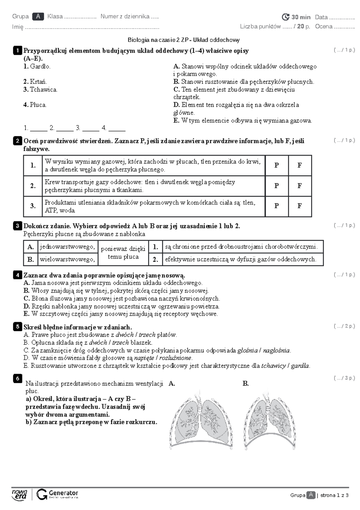 Biologia na czasie 2 ZP - Test z układu oddechowego z punktacją - Studocu
