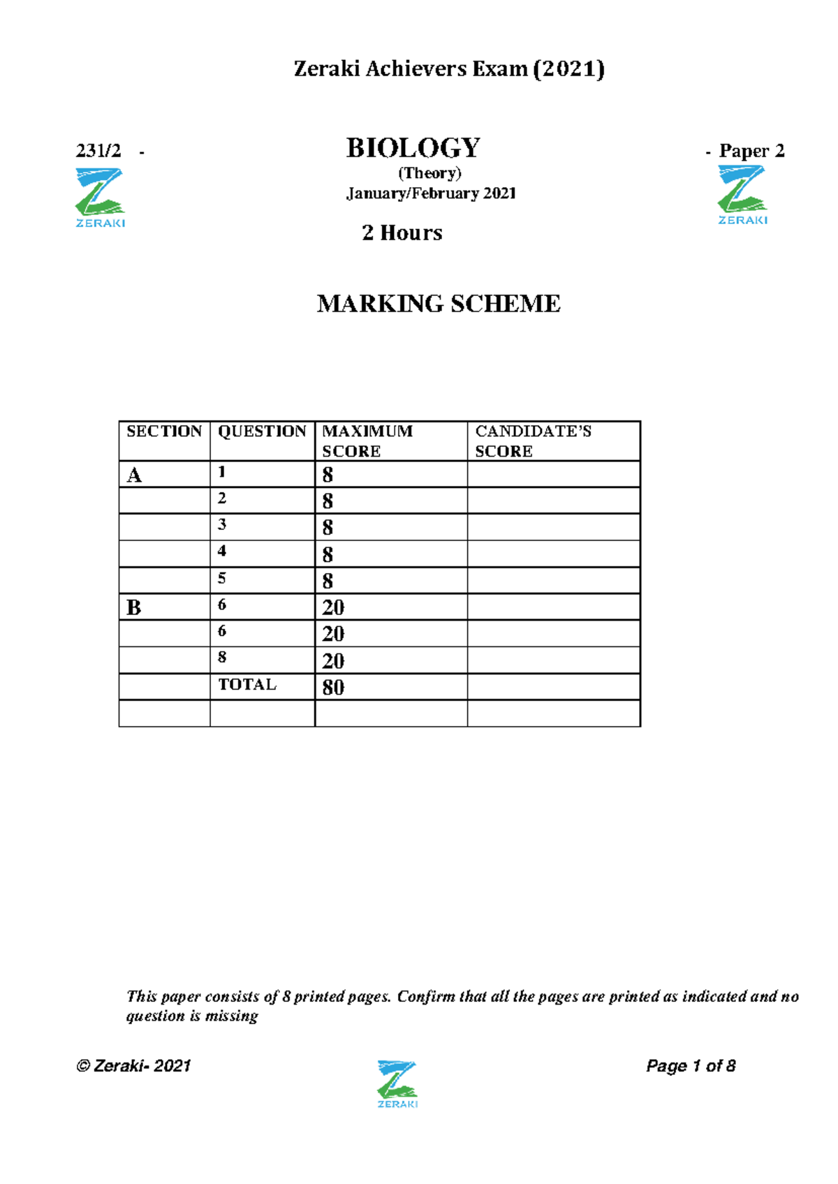 Biology 231/2 Paper 2 - Marking Scheme for Zeraki Achievers 2021 - Studocu