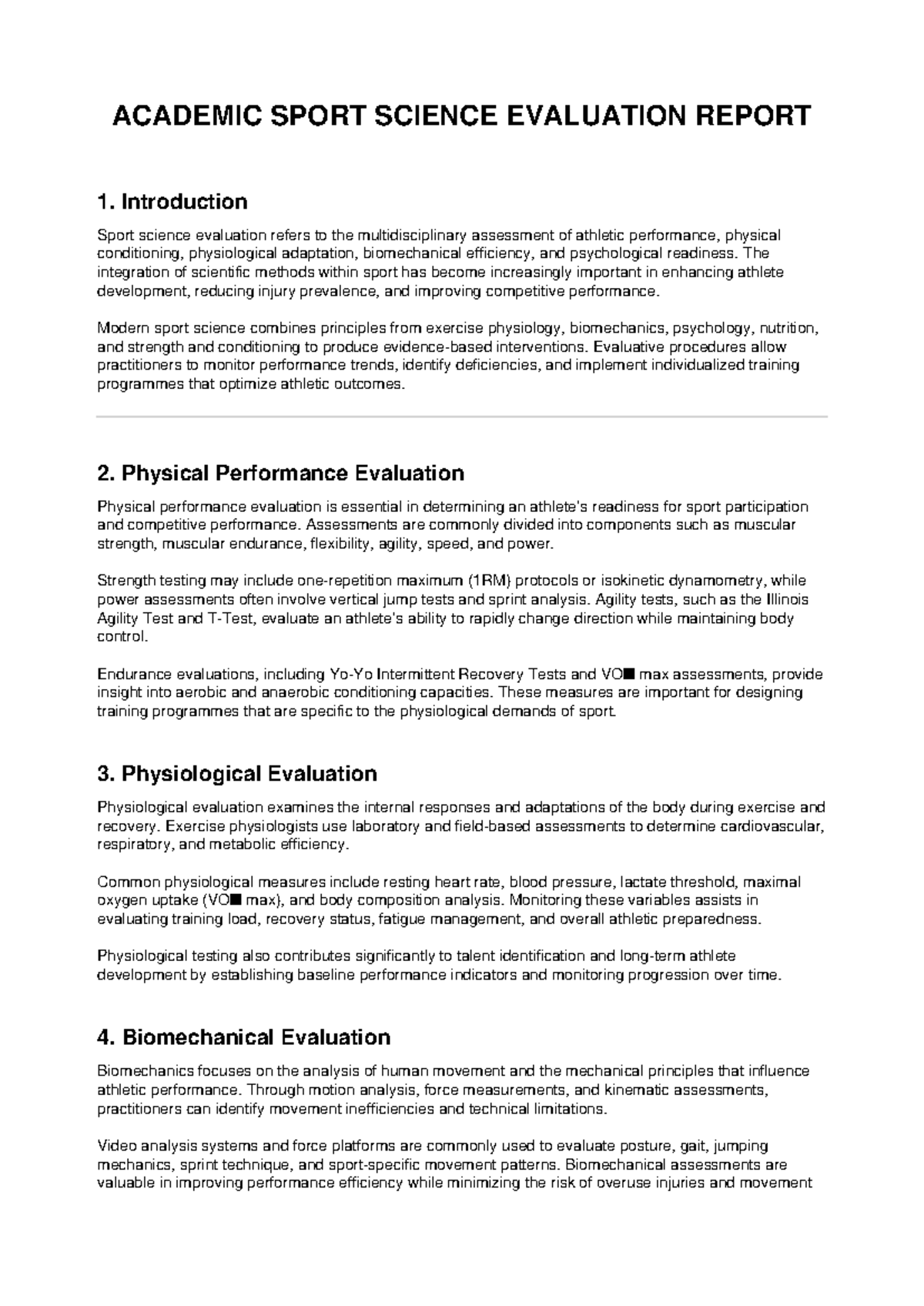 Academic Sport Science Evaluation Report: Performance & Physiology ...
