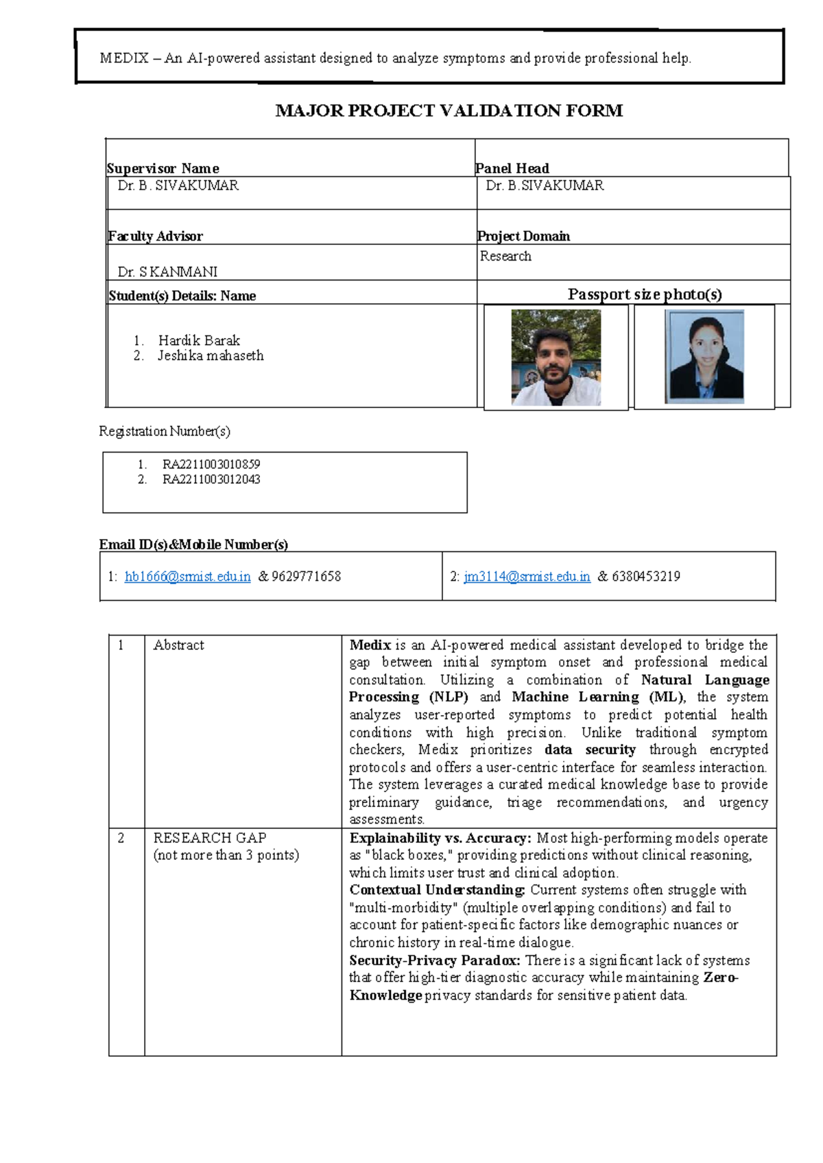 MEDIX: Major Project Validation Form for Symptom Analysis System - Studocu