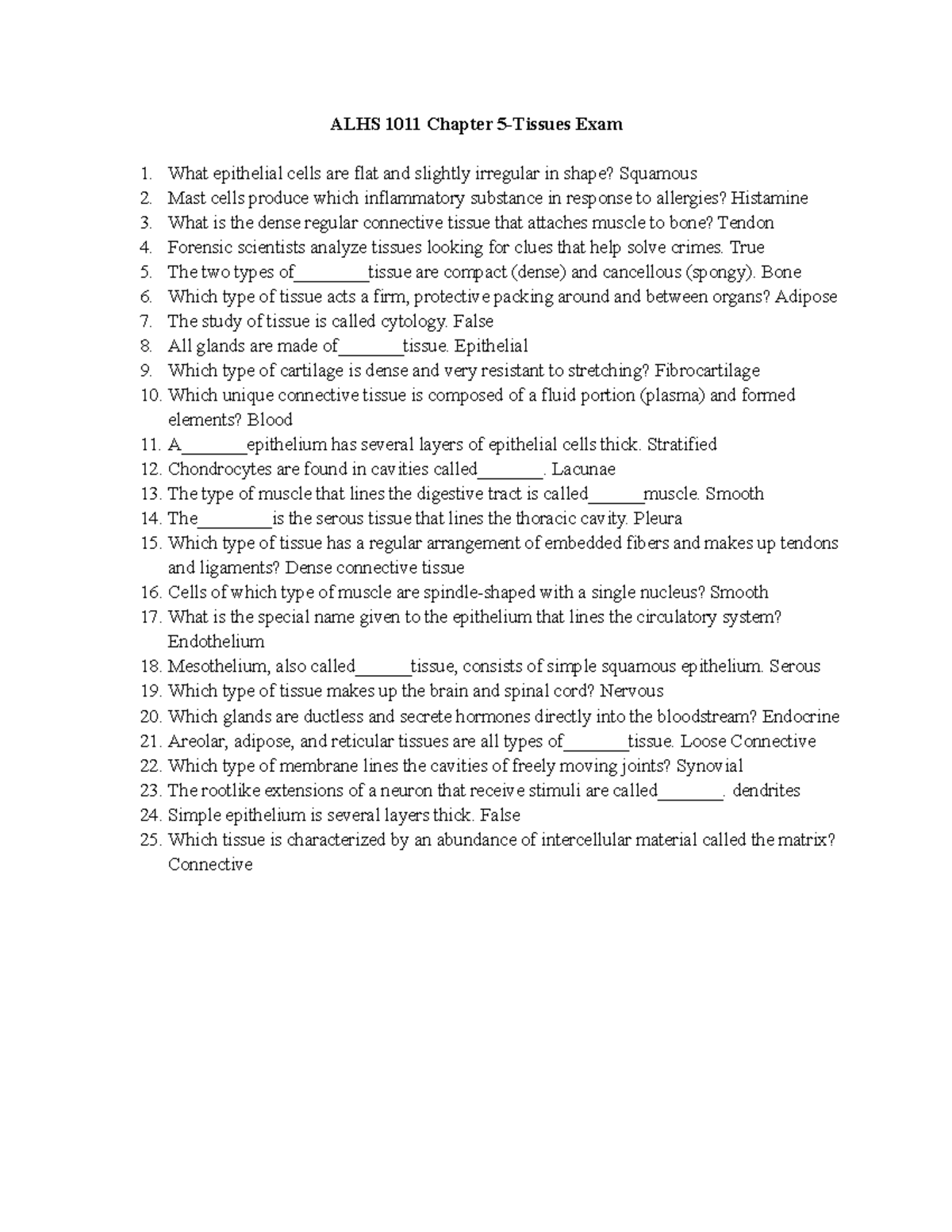 ALHS 1011 Chapter 5 - Tissues Exam Review and Questions - Studocu