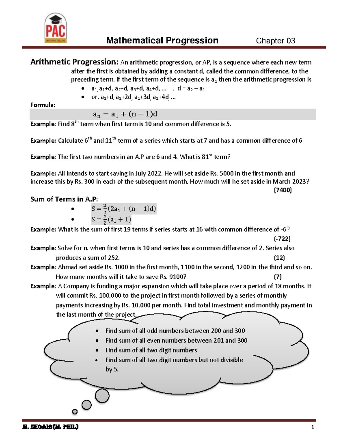 Chapter 03.Lecture Notes - Arithmetic Progression: An arithmetic ...