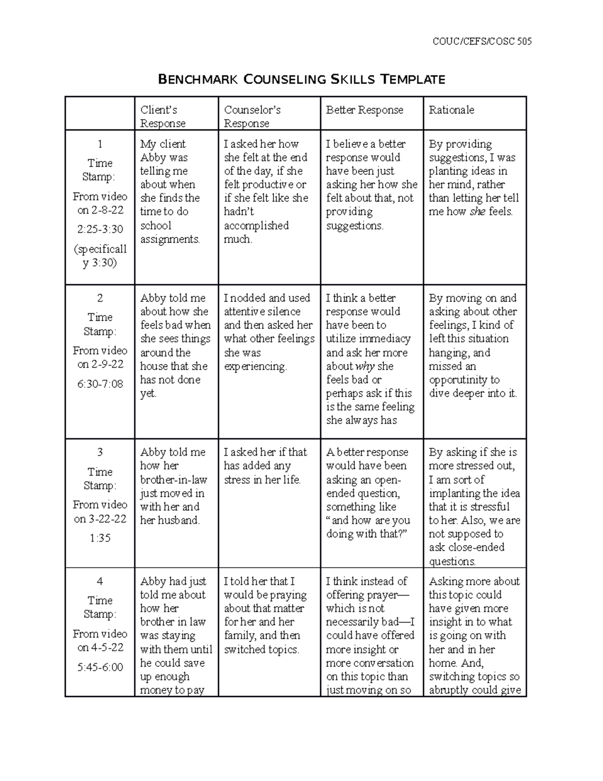 COUC/CEFS/COSC 505 Counseling Skills Reflection & Improvement ...