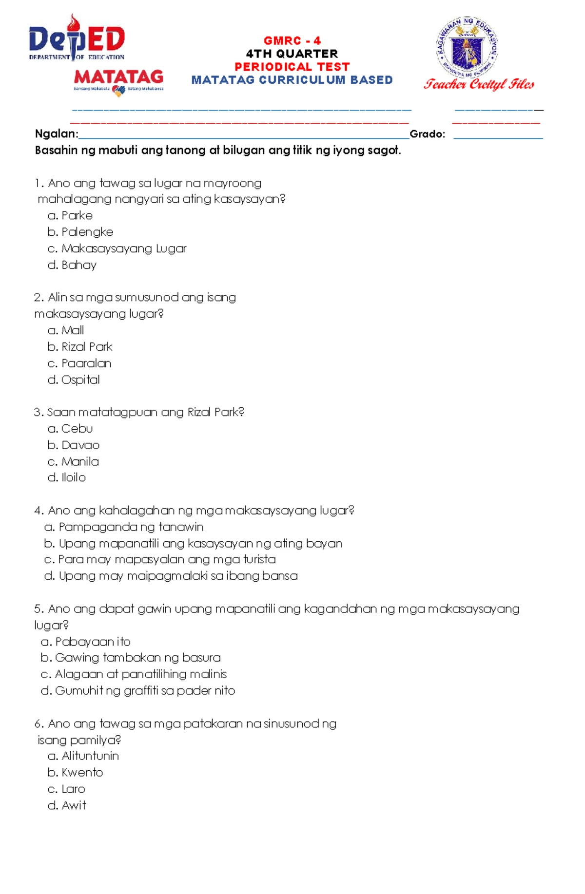 Science 4 periodical test 4th quarter: Matatag curriculum based score ...