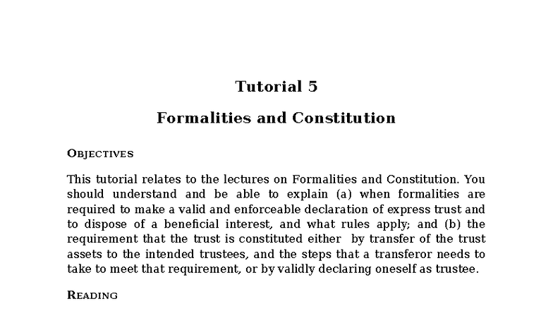 Tutorial 5: Understanding Formalities and Constitution in Trusts - Studocu