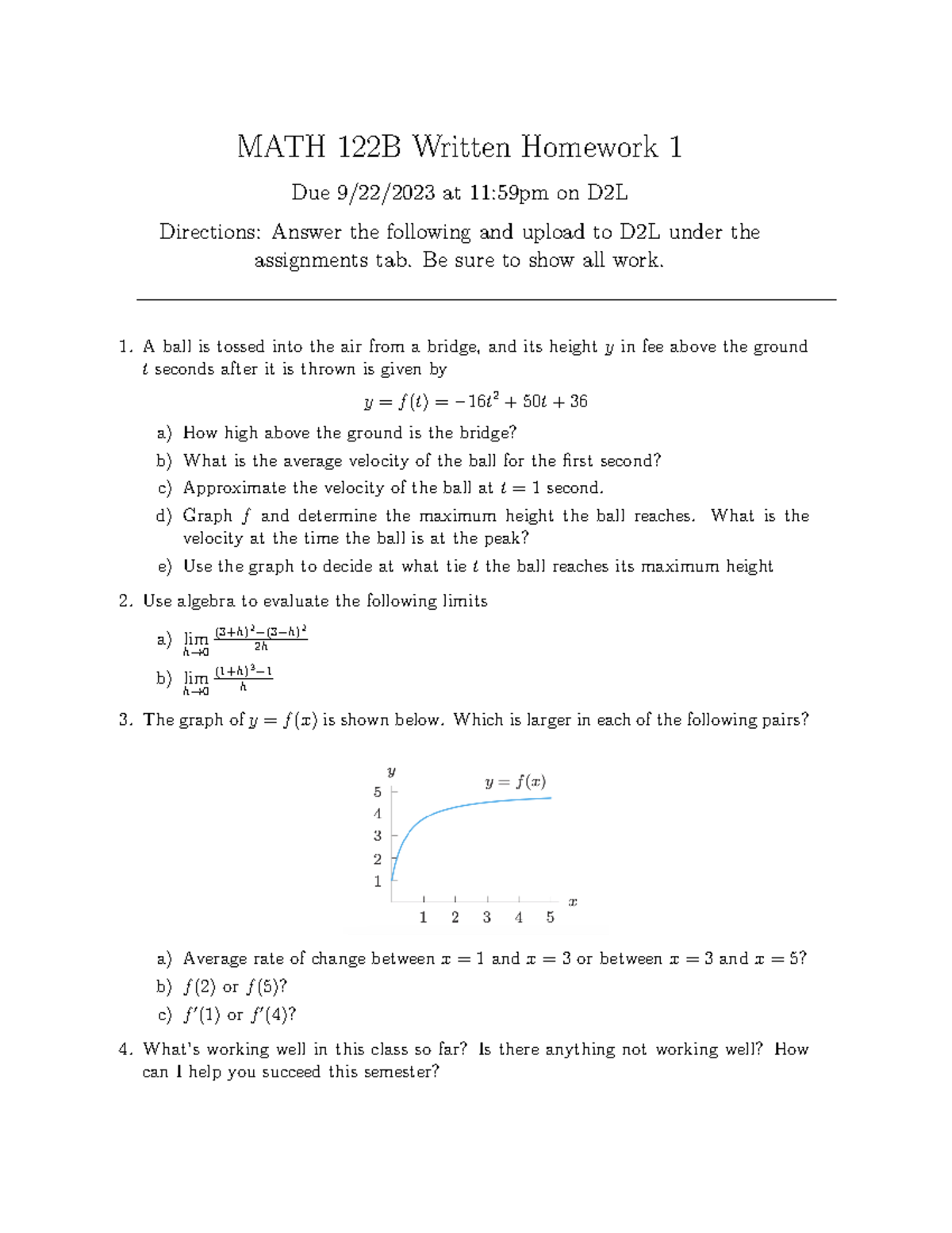 MATH 122B Written Homework 1 - Problem Set and Guidelines - Studocu
