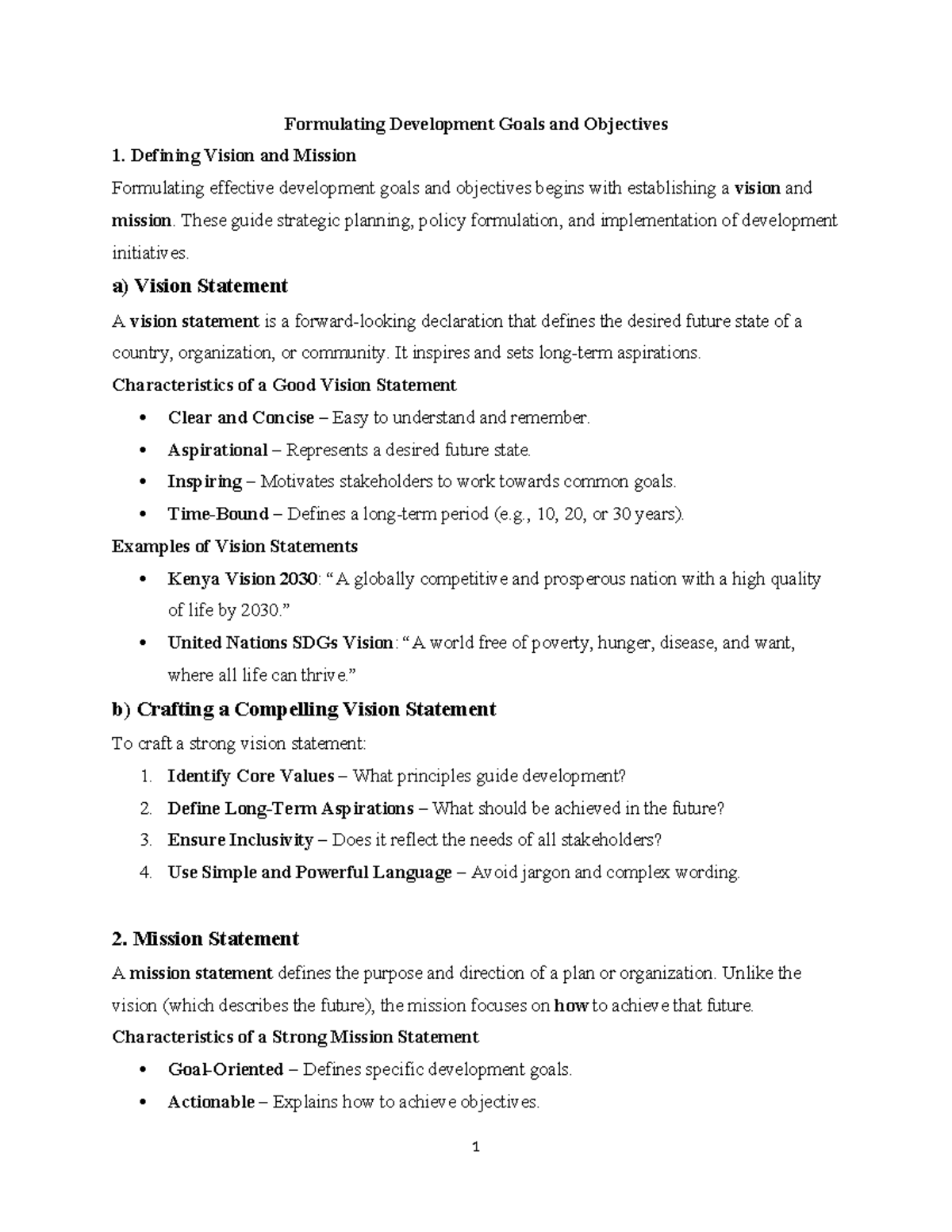 Formulating Development Goals & Objectives: Vision & Mission Guide ...