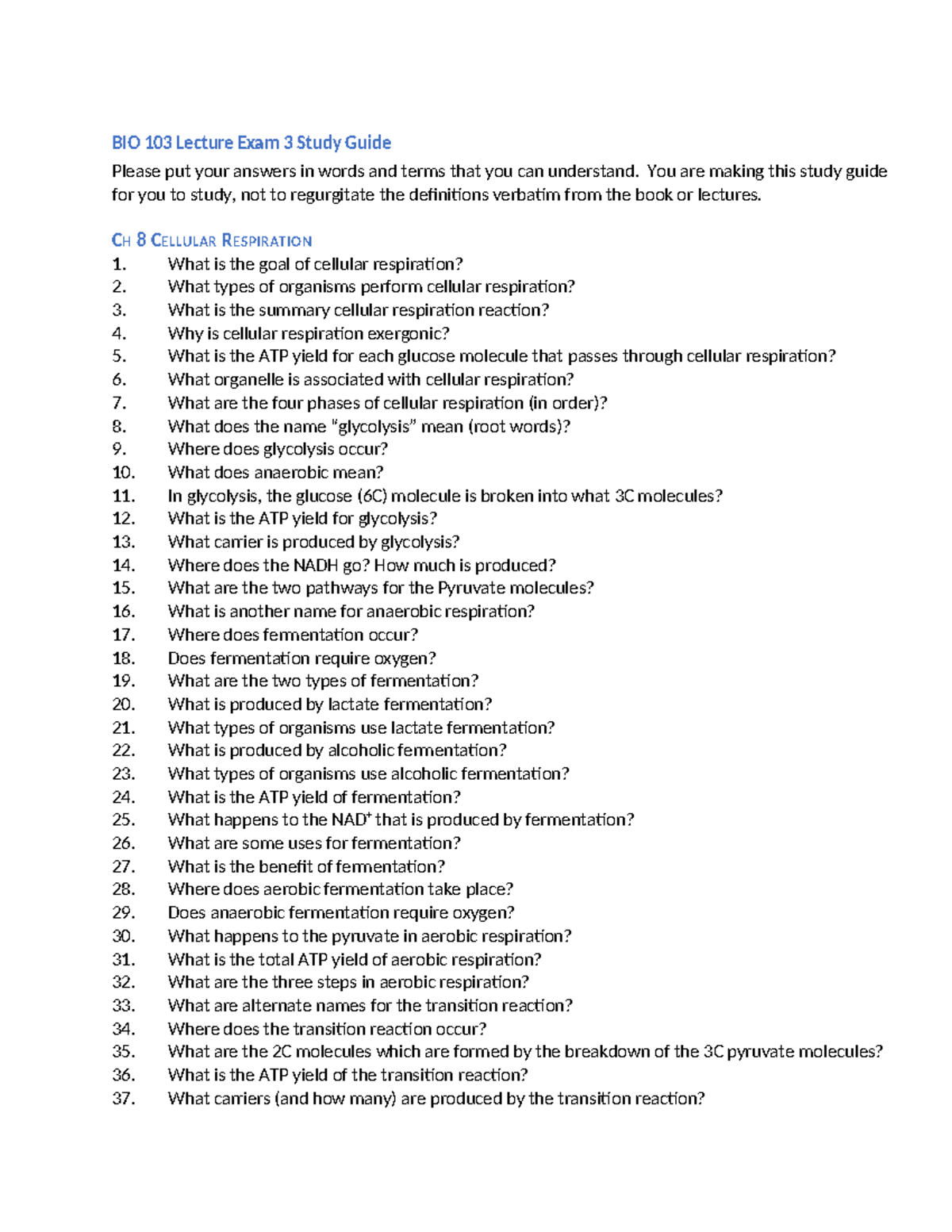 BIO 103 Lecture Exam 3 Study Guide: Cellular Respiration ...