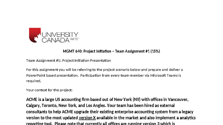 MGMT 640: Project Initiation Team Assignment Presentation Notes - Studocu