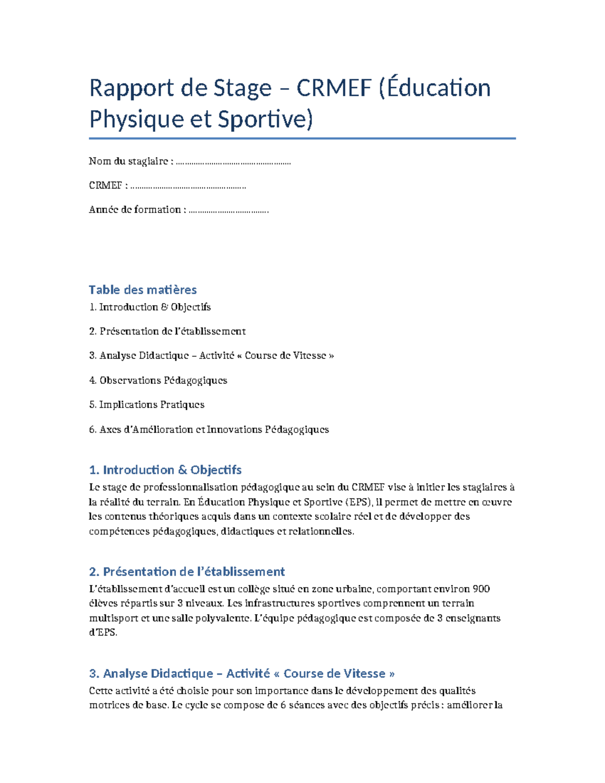 Rapport de Stage CRMEF en Éducation Physique et Sportive (EPS) - Studocu