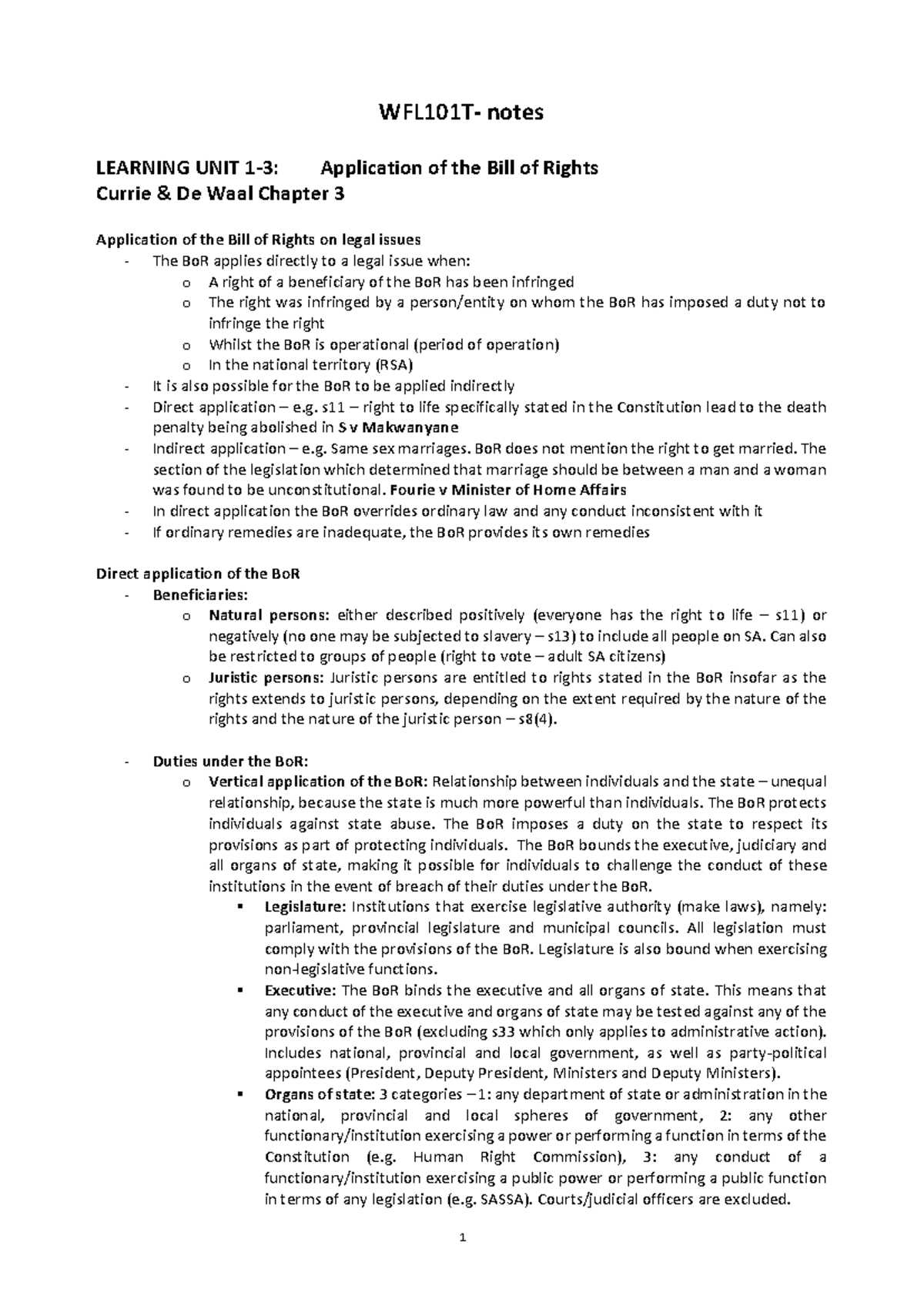 WFL101T - Notes on the Application of the Bill of Rights in Legal ...