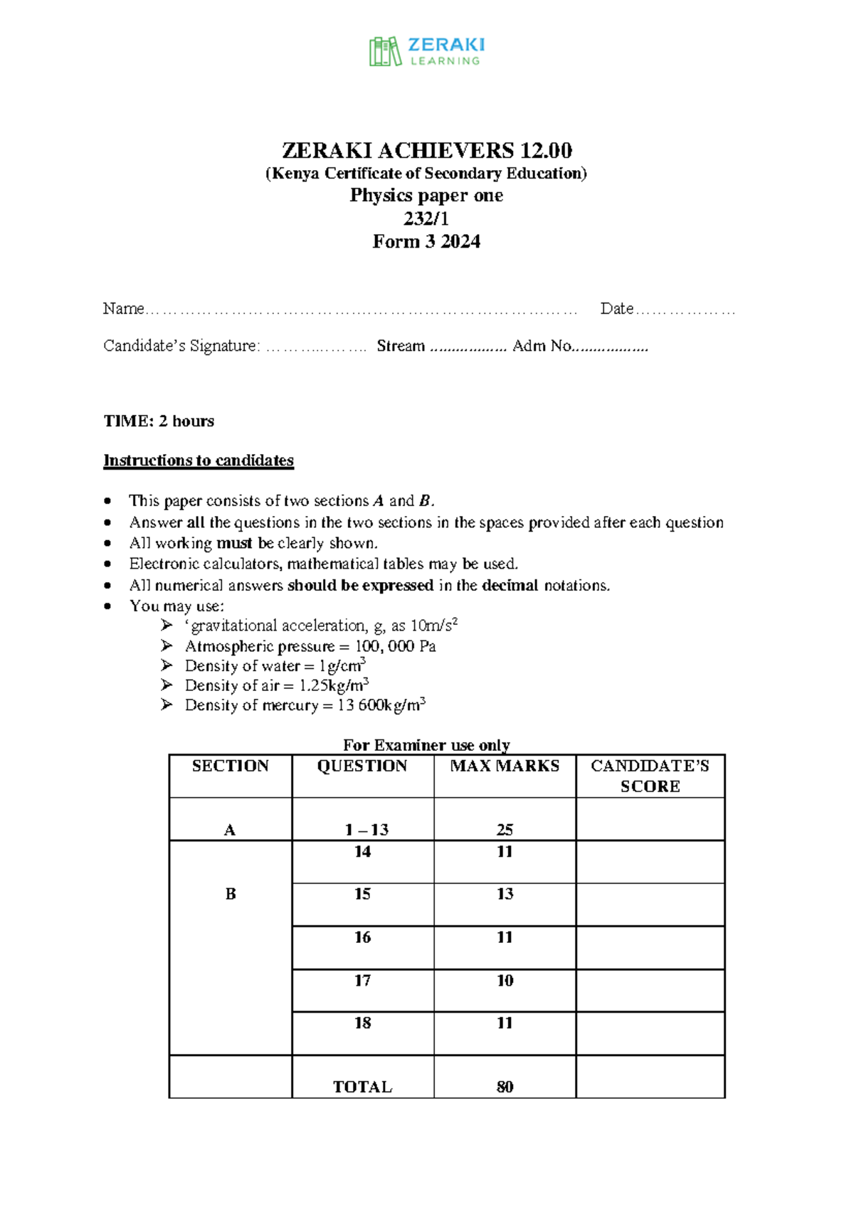 Physics Paper 232 - Form 3 Mock Exam March 2024 - Studocu