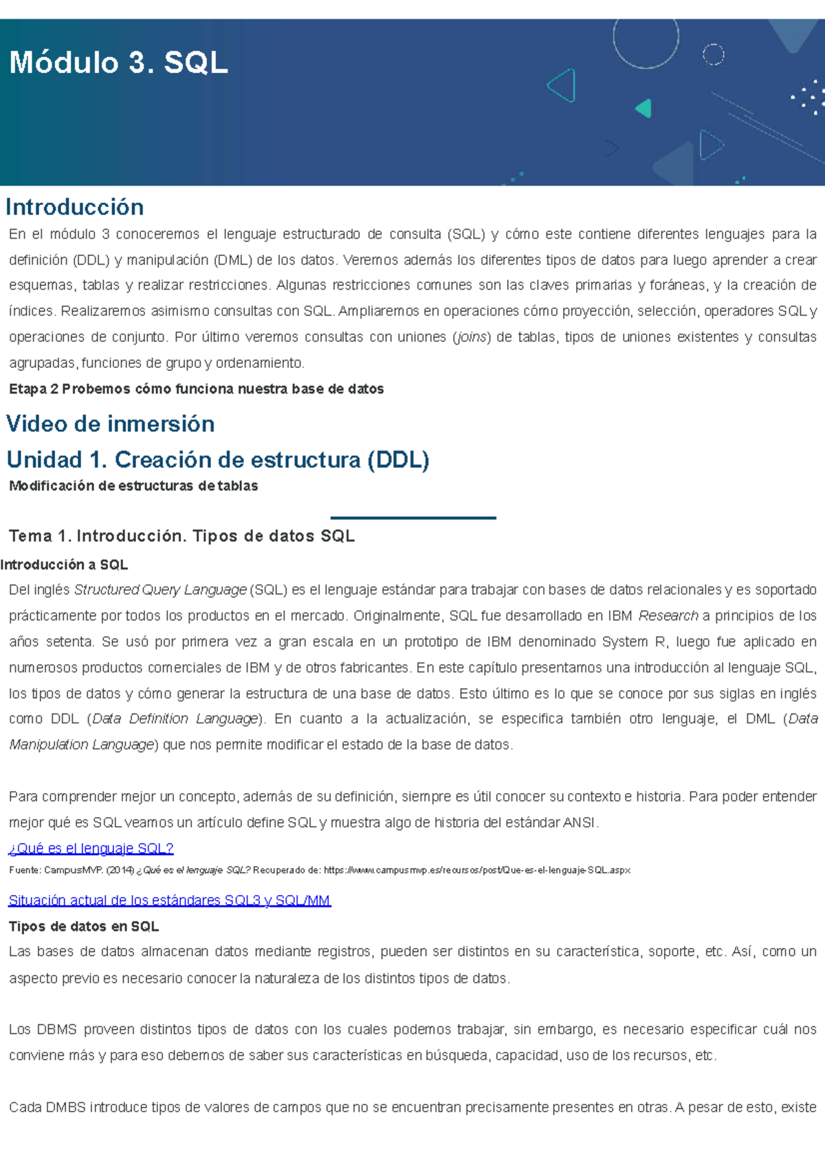 Módulo 3: Introducción a SQL y Creación de Estructuras (DDL) - Studocu