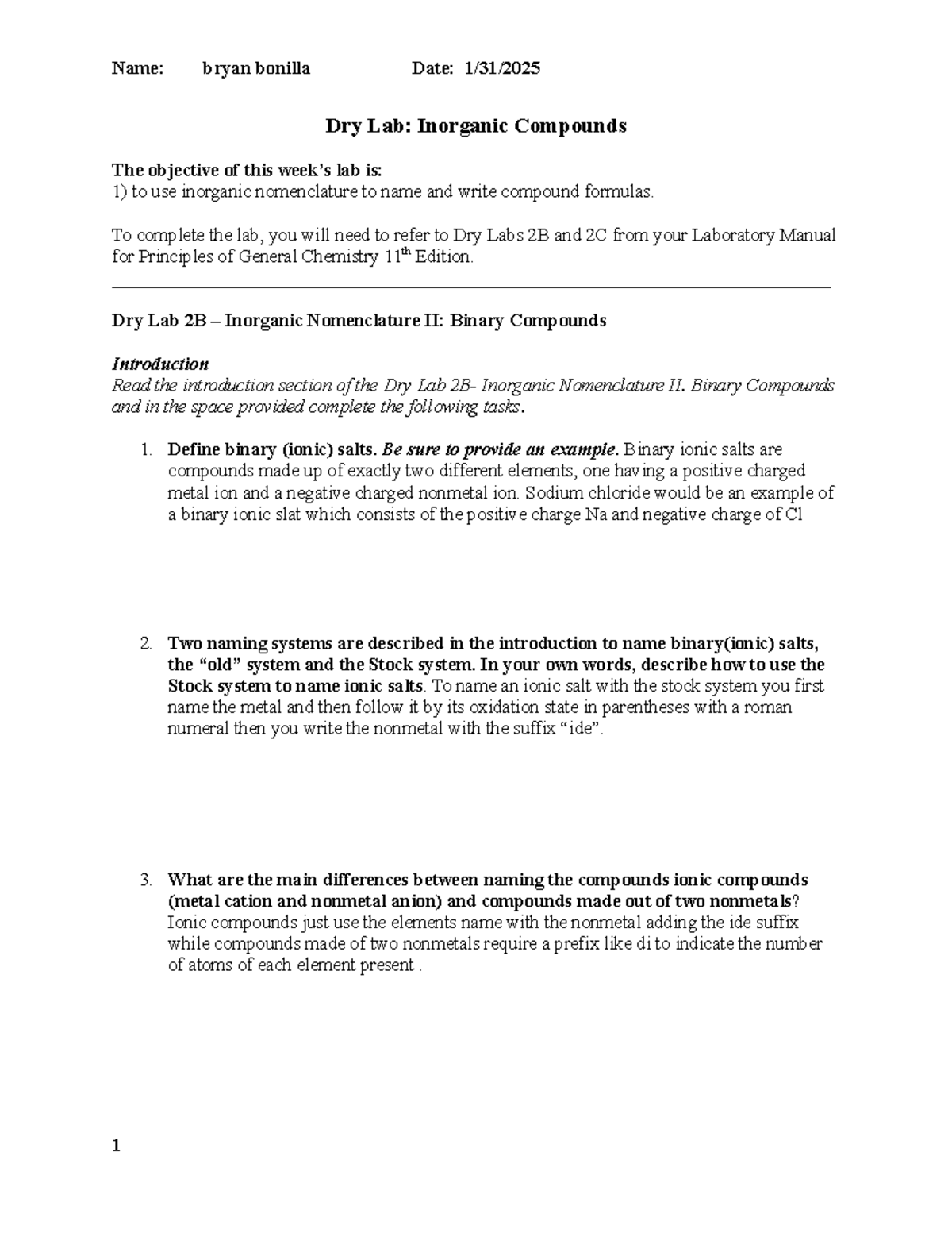 Dry Lab Inorganic Compounds 2B 2C - Dry Lab: Inorganic Compounds The ...