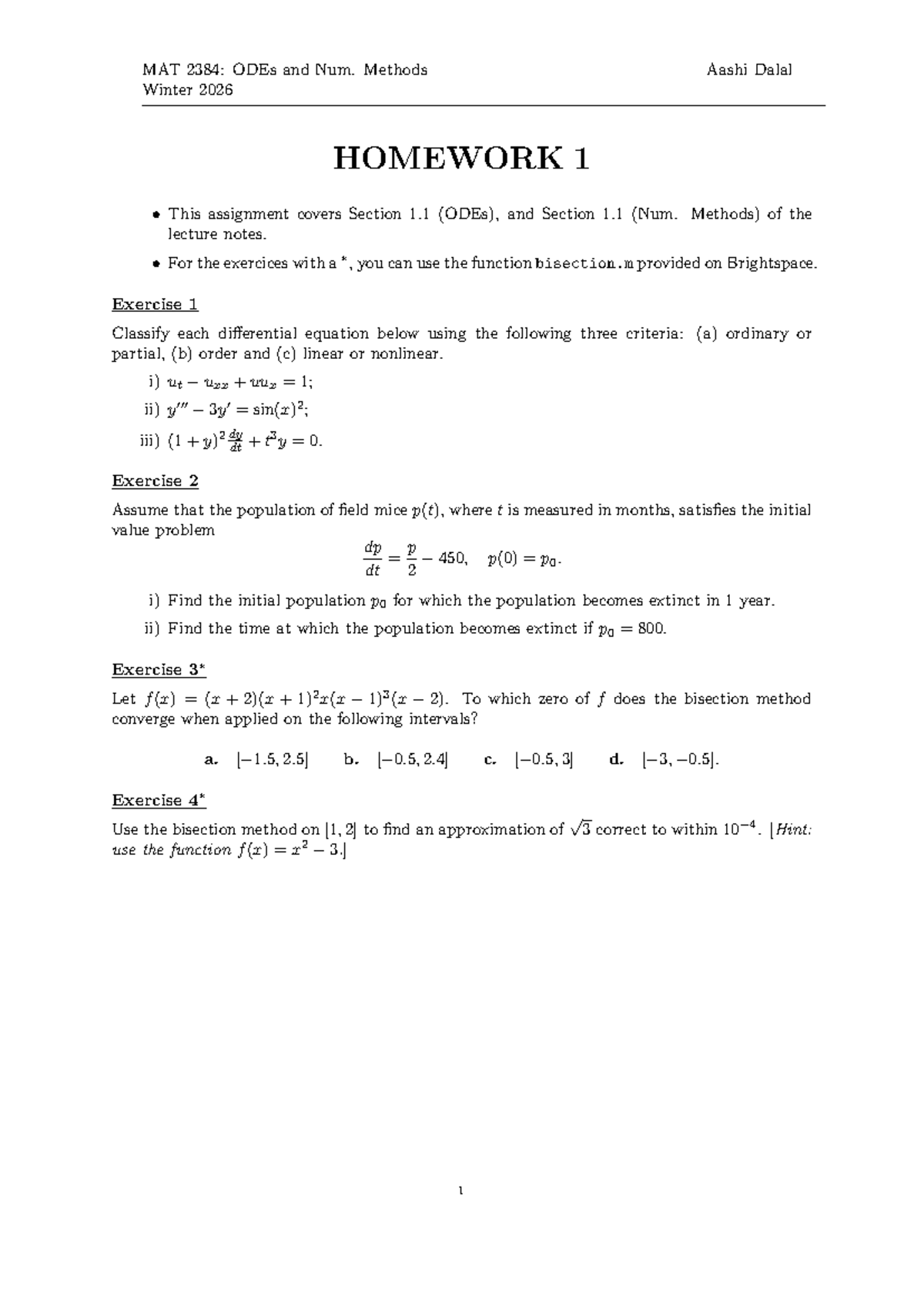 MAT 2384: ODEs & Num. Methods Winter 2026 Homework 1 Questions - Studocu