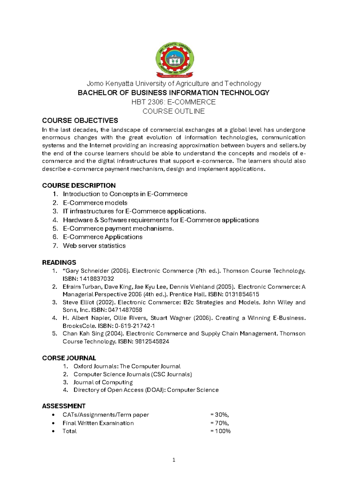 E-COM Notes: HBT 2306 Course Outline and Key Concepts - Studocu