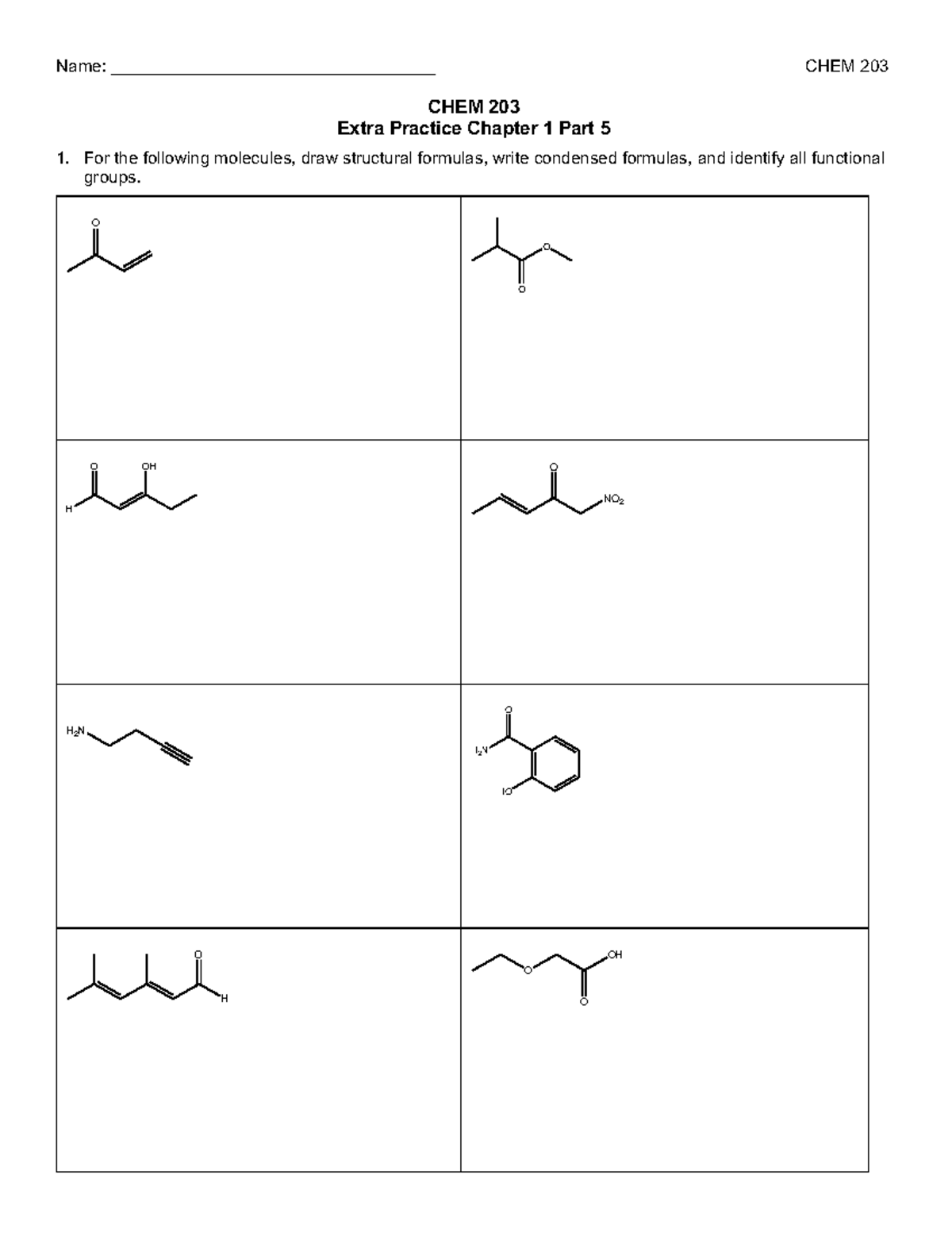 CHEM 203 Extra Practice: Structural & Functional Groups in Chapter 1 ...