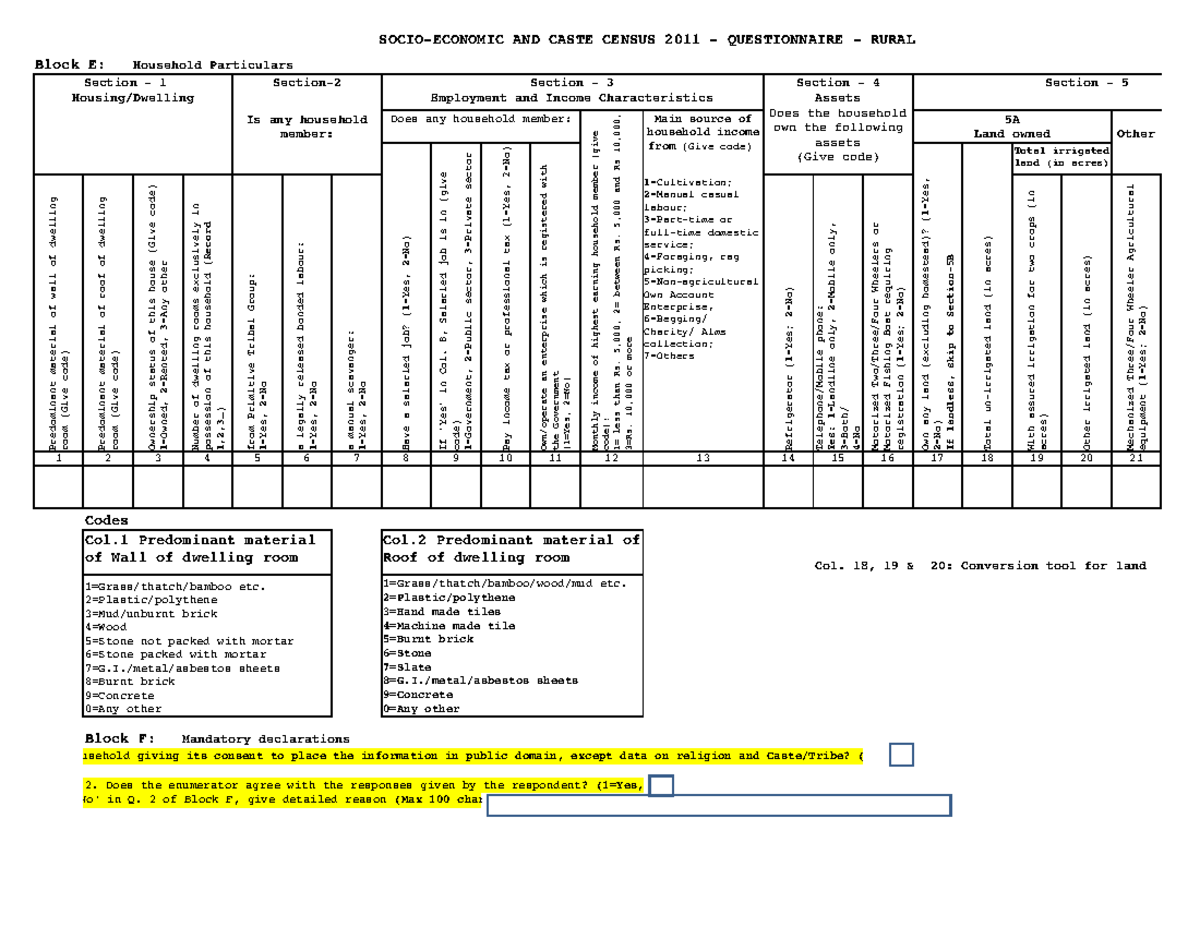 SECC Rural 2011 Questionnaire: Household & Employment Details - Studocu