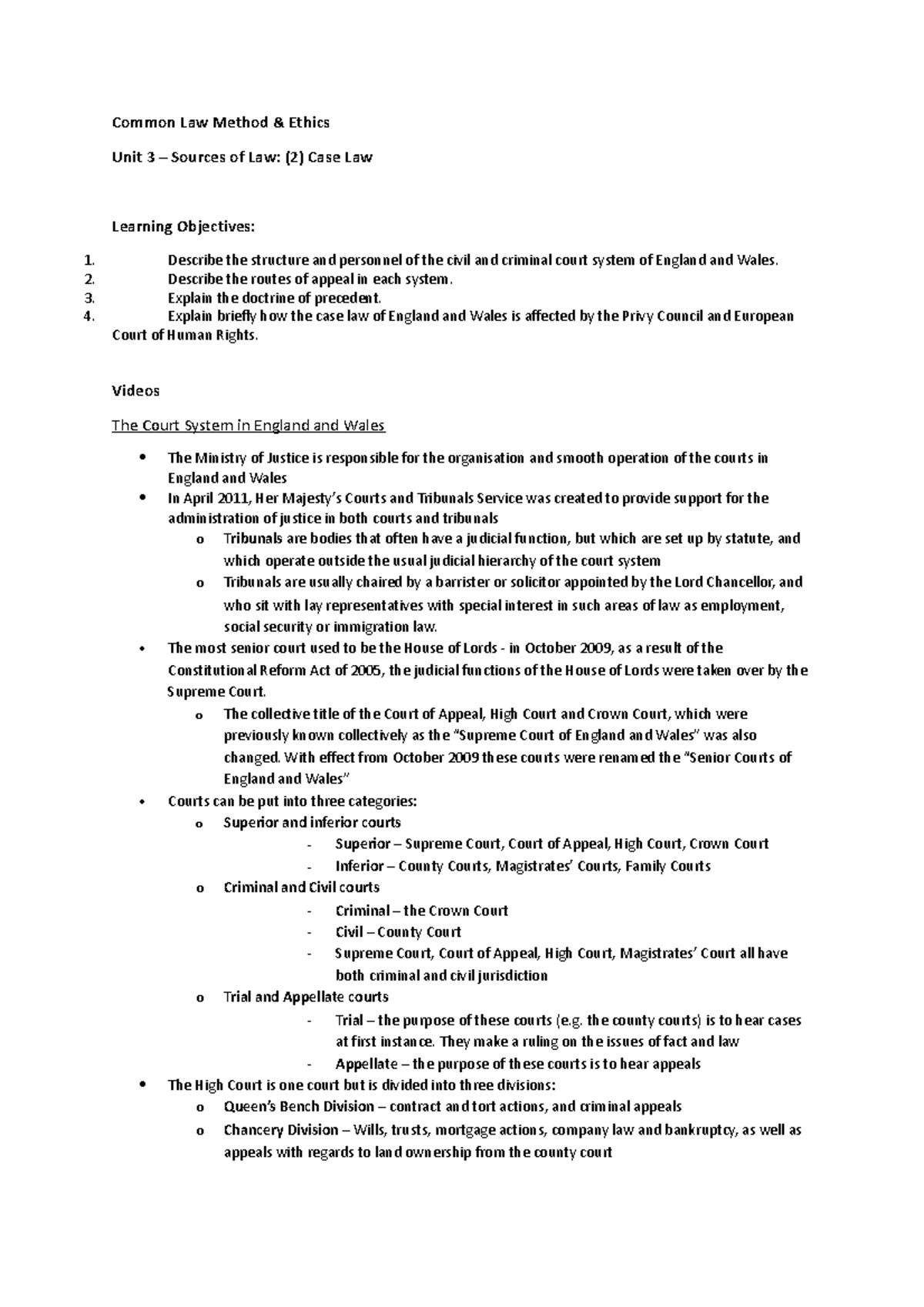 Notes on Common Law & Ethics: Unit 3 - Sources of Law & Case Law - Studocu