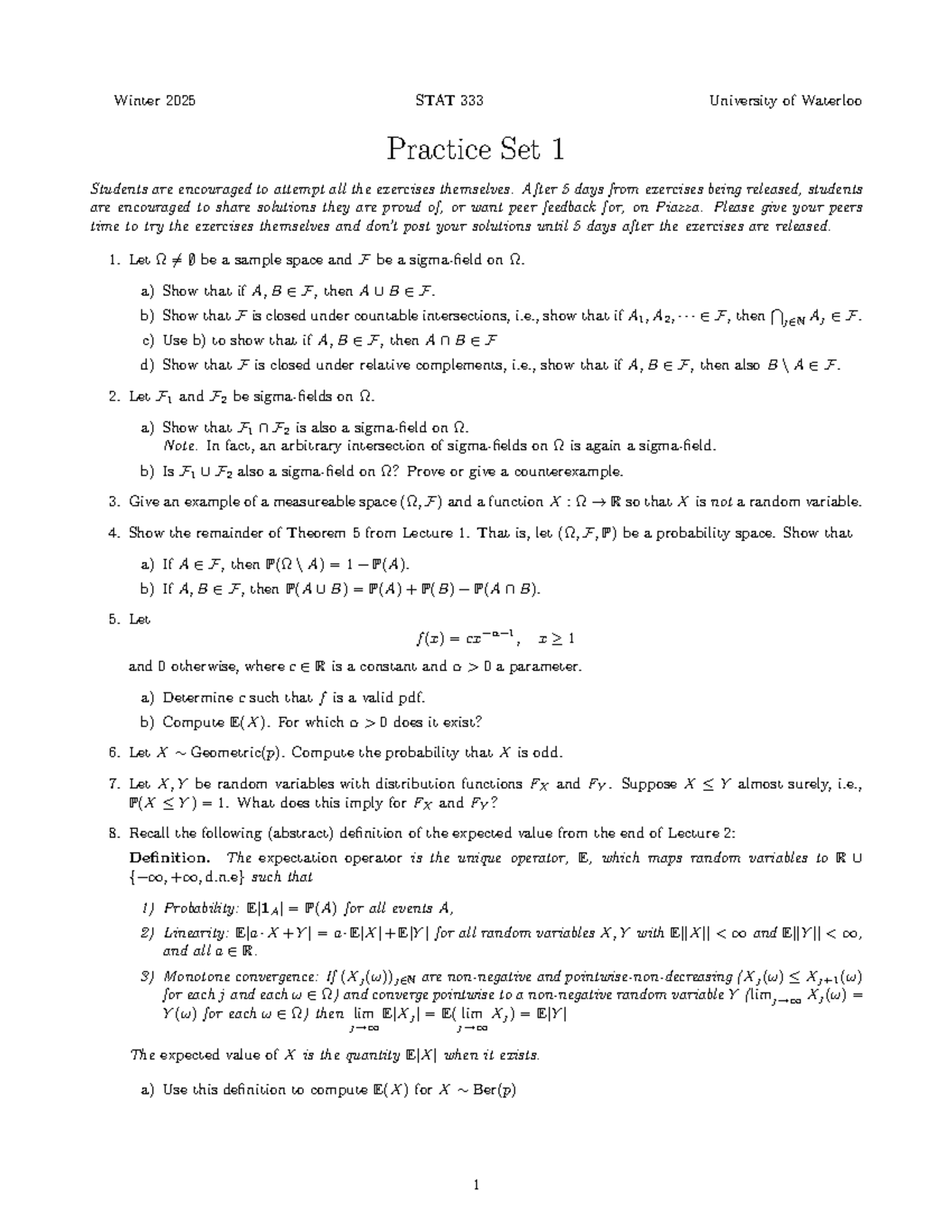 STAT333 Winter 2025 Practice Set 1 Solutions and Guidelines - Studocu