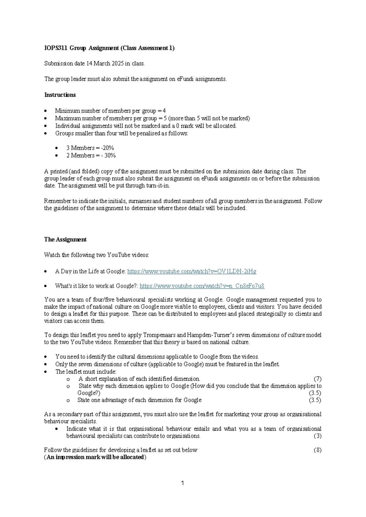 Class Assessment 1 - Group Assignment - 1 IOPS311 Group Assignment ...