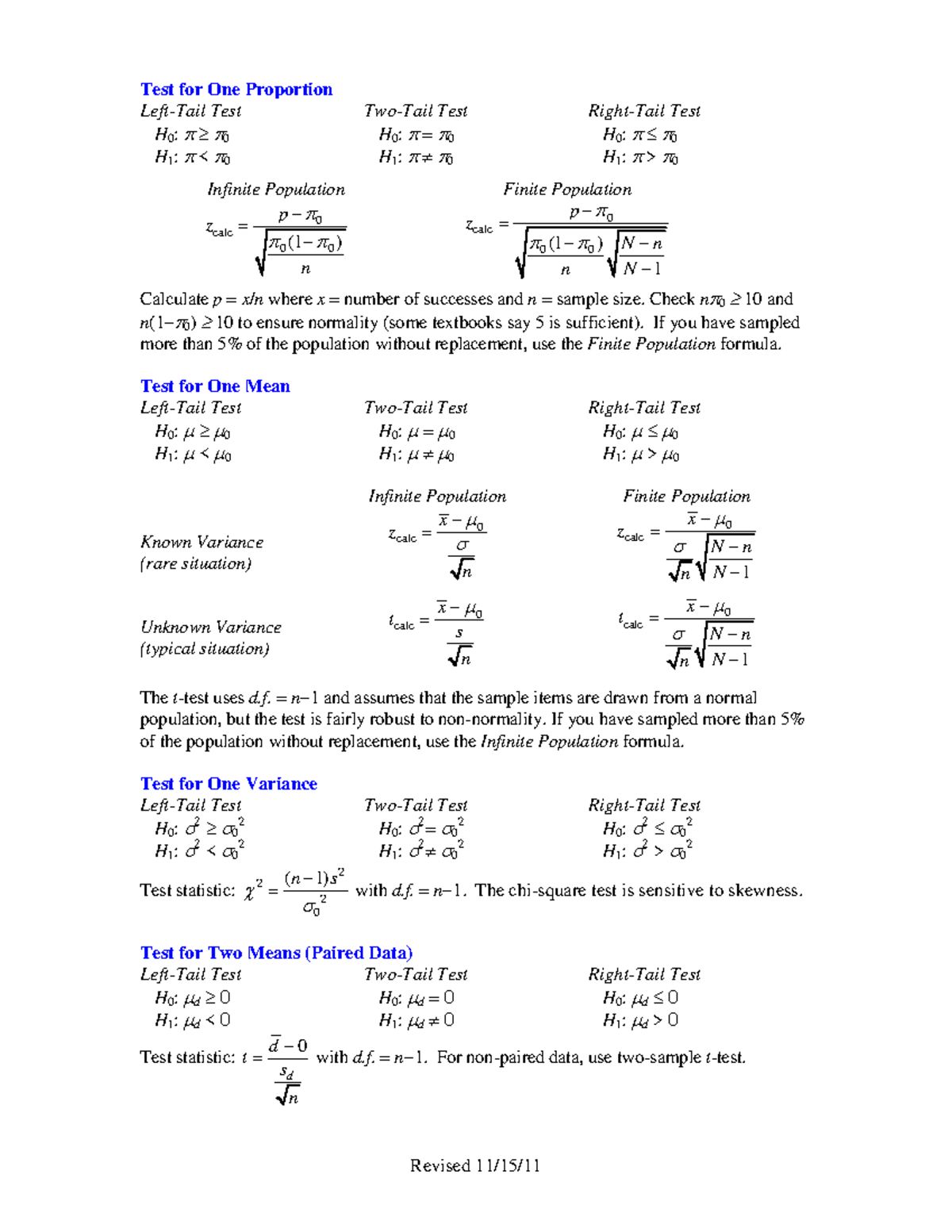 Formulas for one sample tests in statistics (09-13) - Studocu