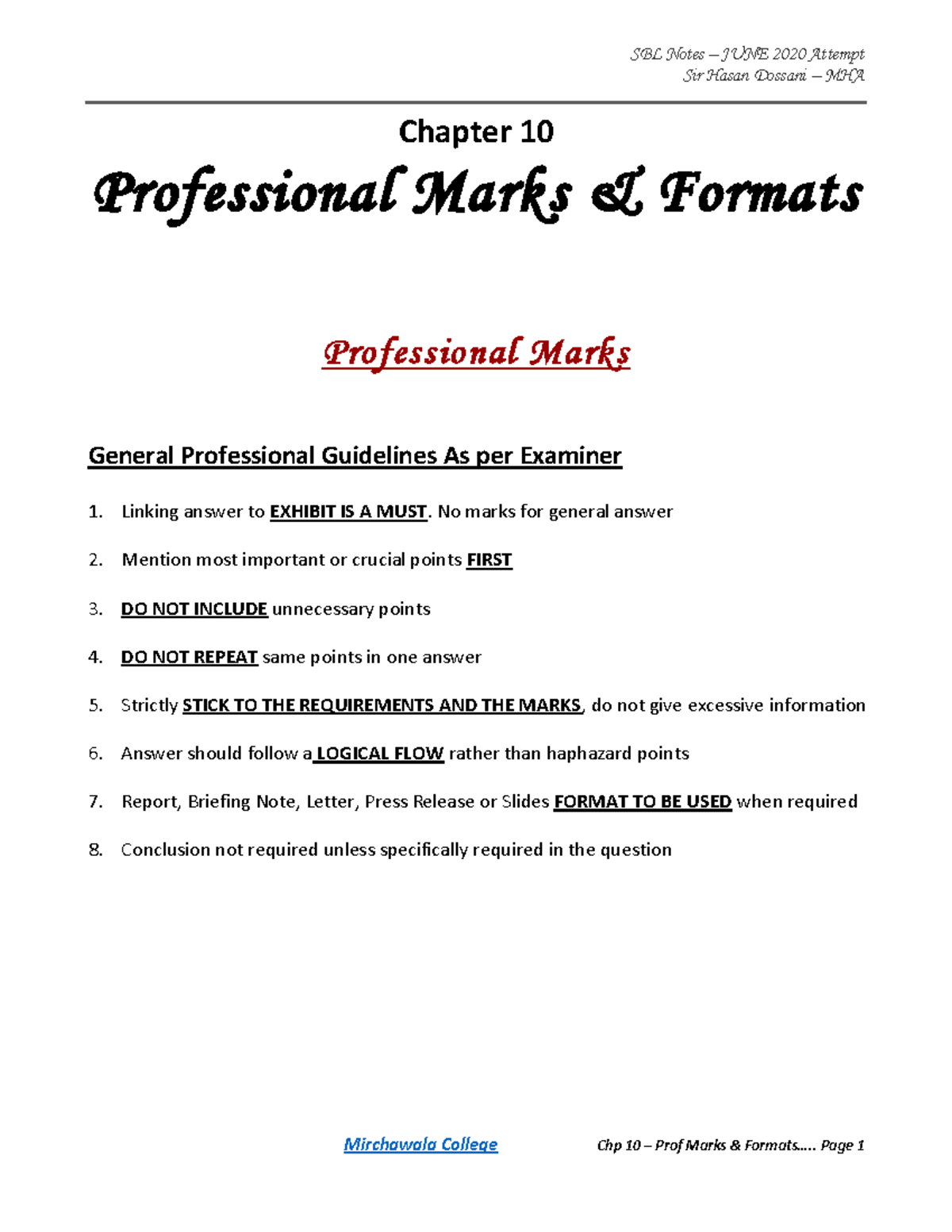 Chp 10 - Professional Skills Formats: Guidance & Guidelines (SBL) - Studocu