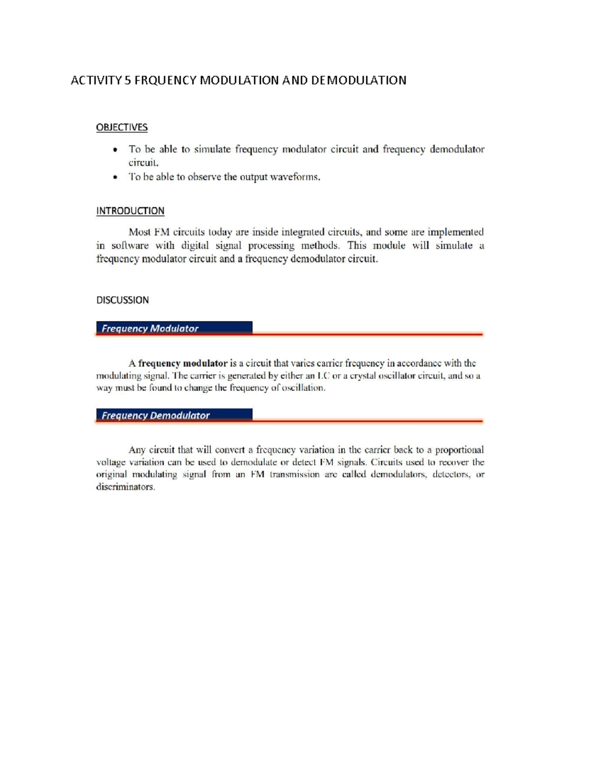 ACTIVITY 5: FM Modulation & Demodulation Simulation (ENGR 101) - Studocu