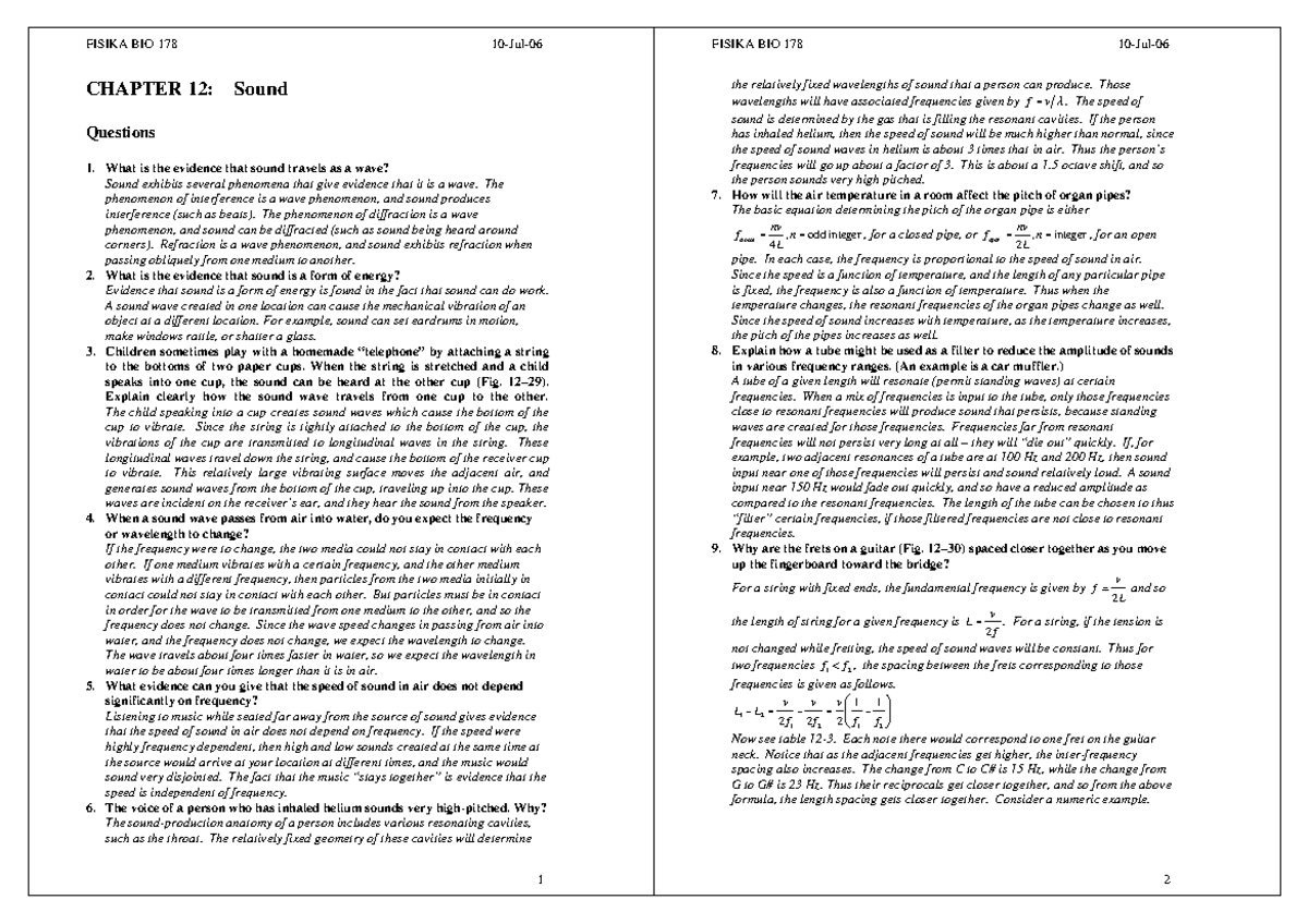 CH12 Sound: Questions & Solutions for Physics Course (PHYS101) - Studocu