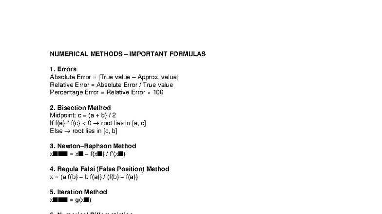 NUMERICAL METHODS FORMULAS: KEY CONCEPTS & ERRORS - Studocu
