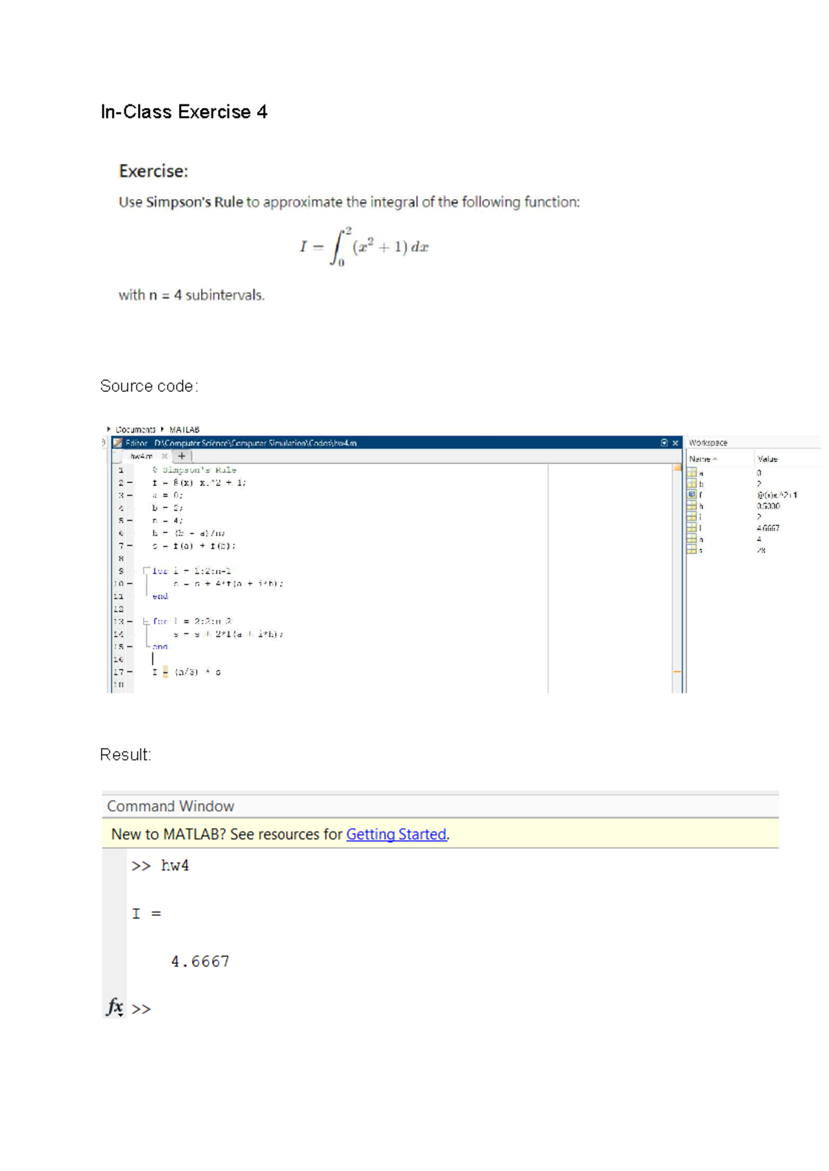 In-Class Exercise 4: MATLAB Integral Approximation Using Rule - Studocu