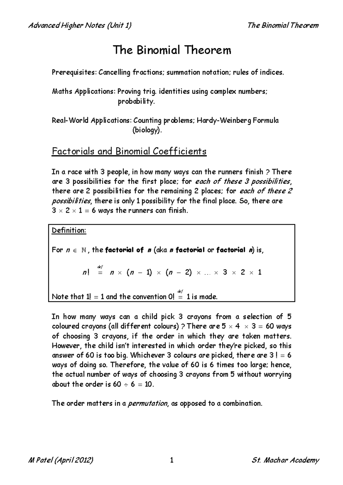 Binomial Theorem Notes - The Binomial Theorem Prerequisites: Cancelling ...