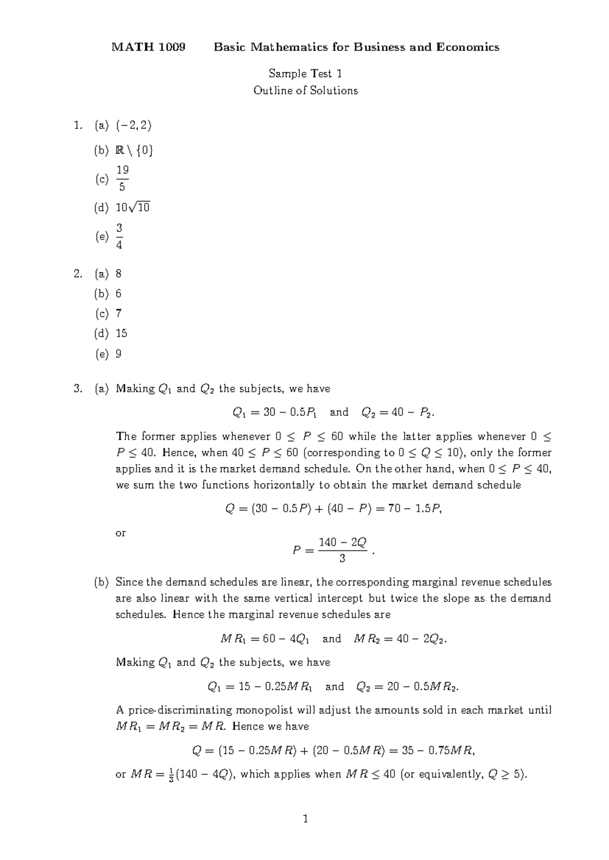 MATH 1009 Sample Test Solutions - October 11, 2017 - Studocu