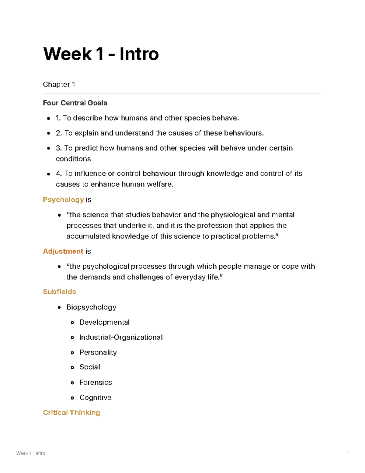 Week 1 - Intro to Psychology: Key Concepts and Goals - Studocu