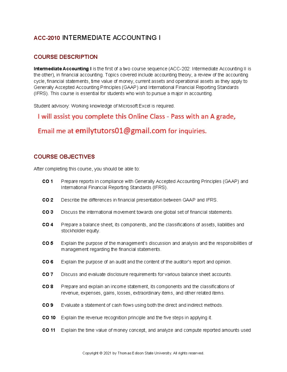 ACC 2010 Intermediate Accounting I Course Overview and Objectives - Studocu