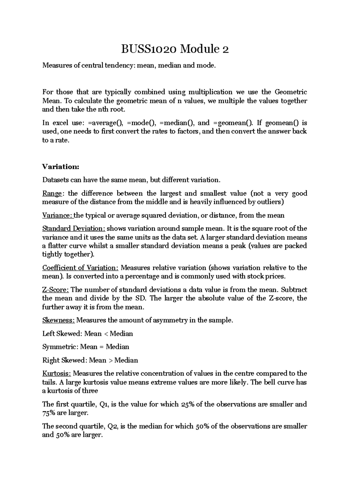 Module 2 BUSS1020 Notes - BUSS1020 Module 2 Measures of central ...