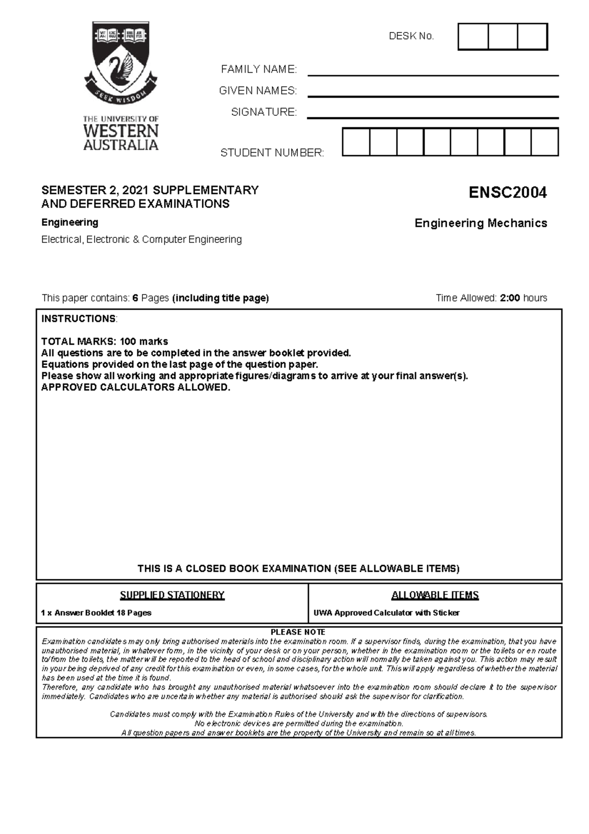 ENSC2004 - Engineering Mechanics Supplementary Exam - Semester 2, 2021 ...