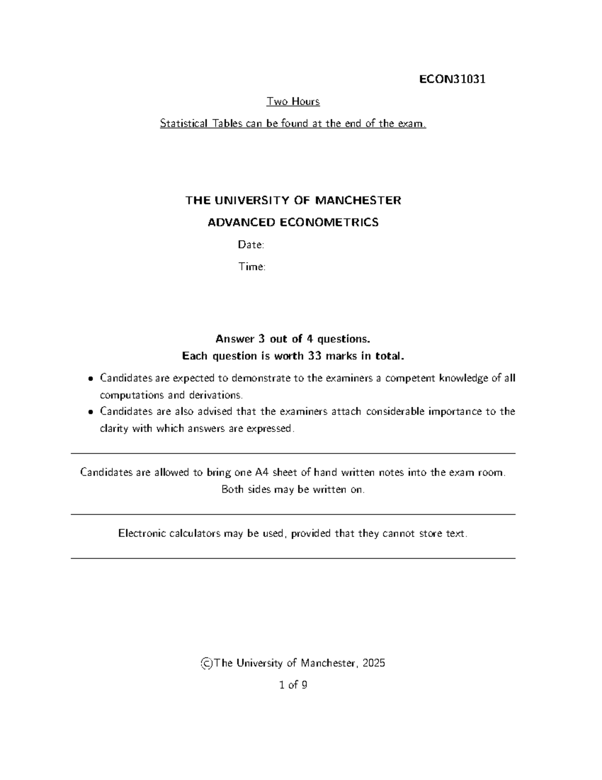 ECON31031 Advanced Econometrics Final Exam Guide - Studocu