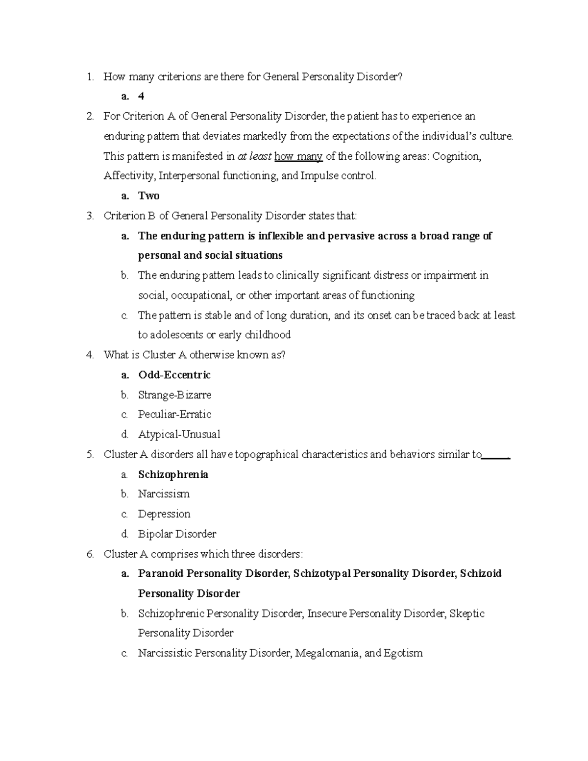 TA EXAM #4 Review Questions on General Personality Disorders - Studocu