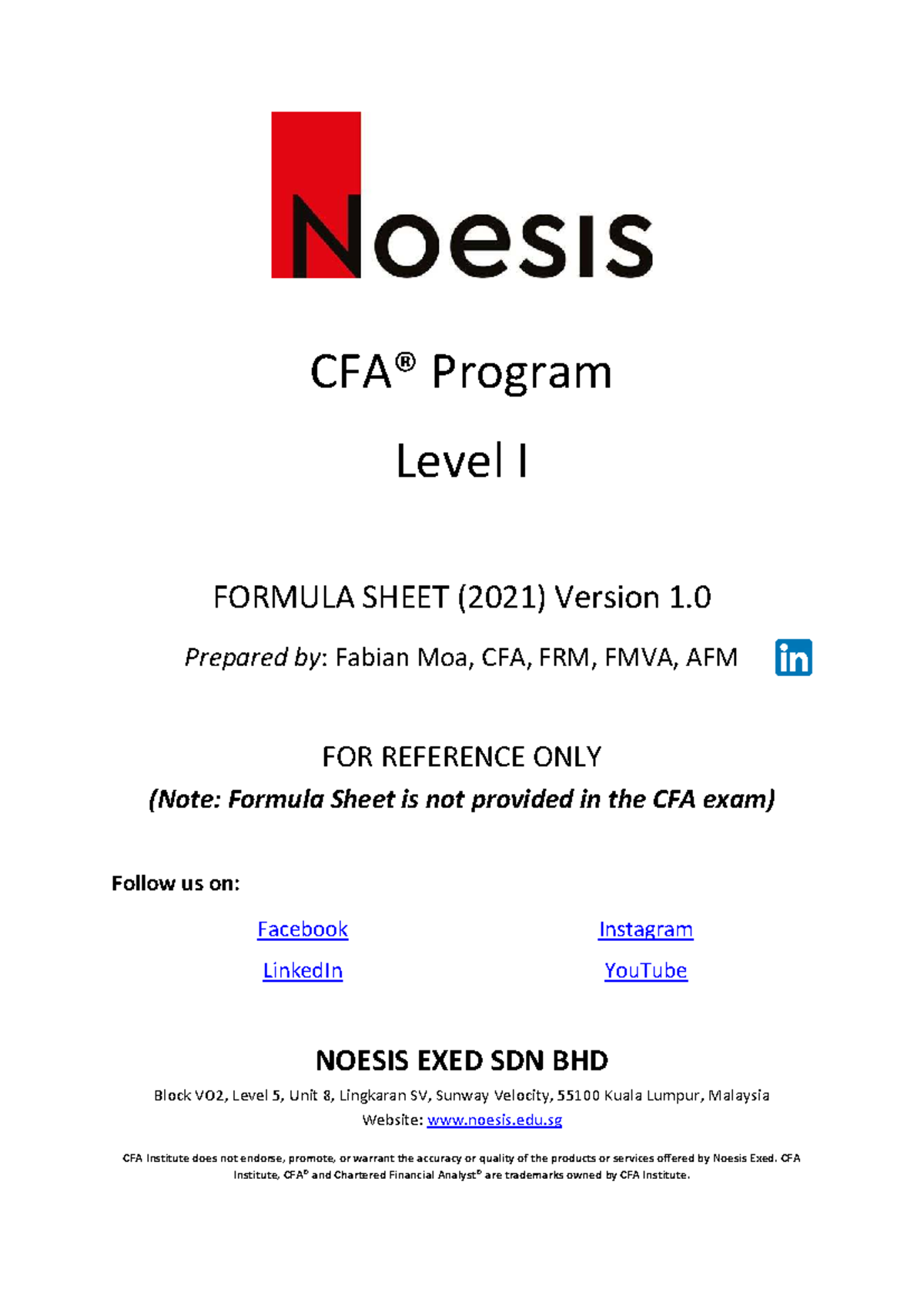 CFA Level 1 Formula Sheet (2021) - Comprehensive Reference Guide - Studocu