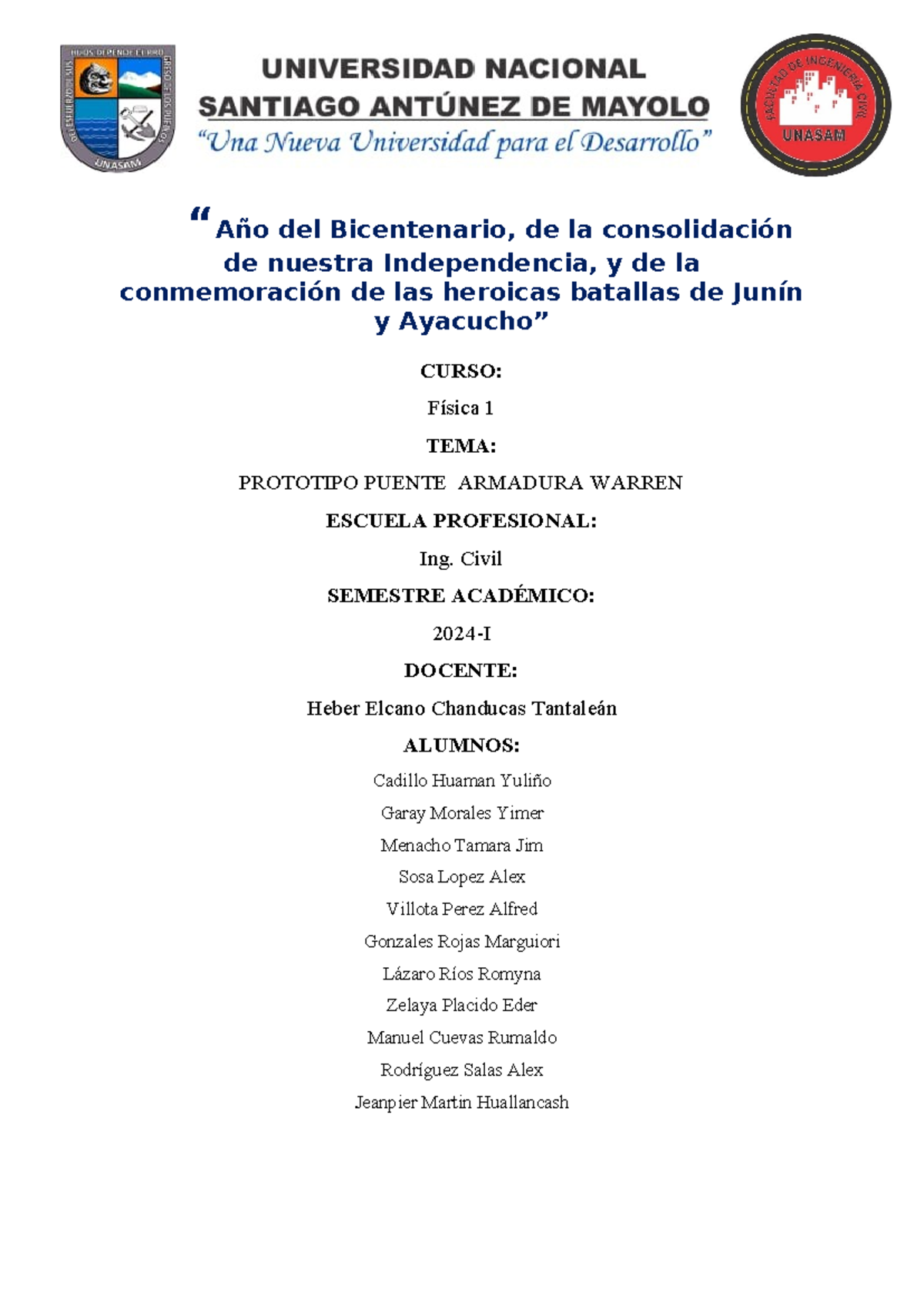 Informe de Maqueta de Puente Armadura Warren - Física 1 2024-I - Document Preview