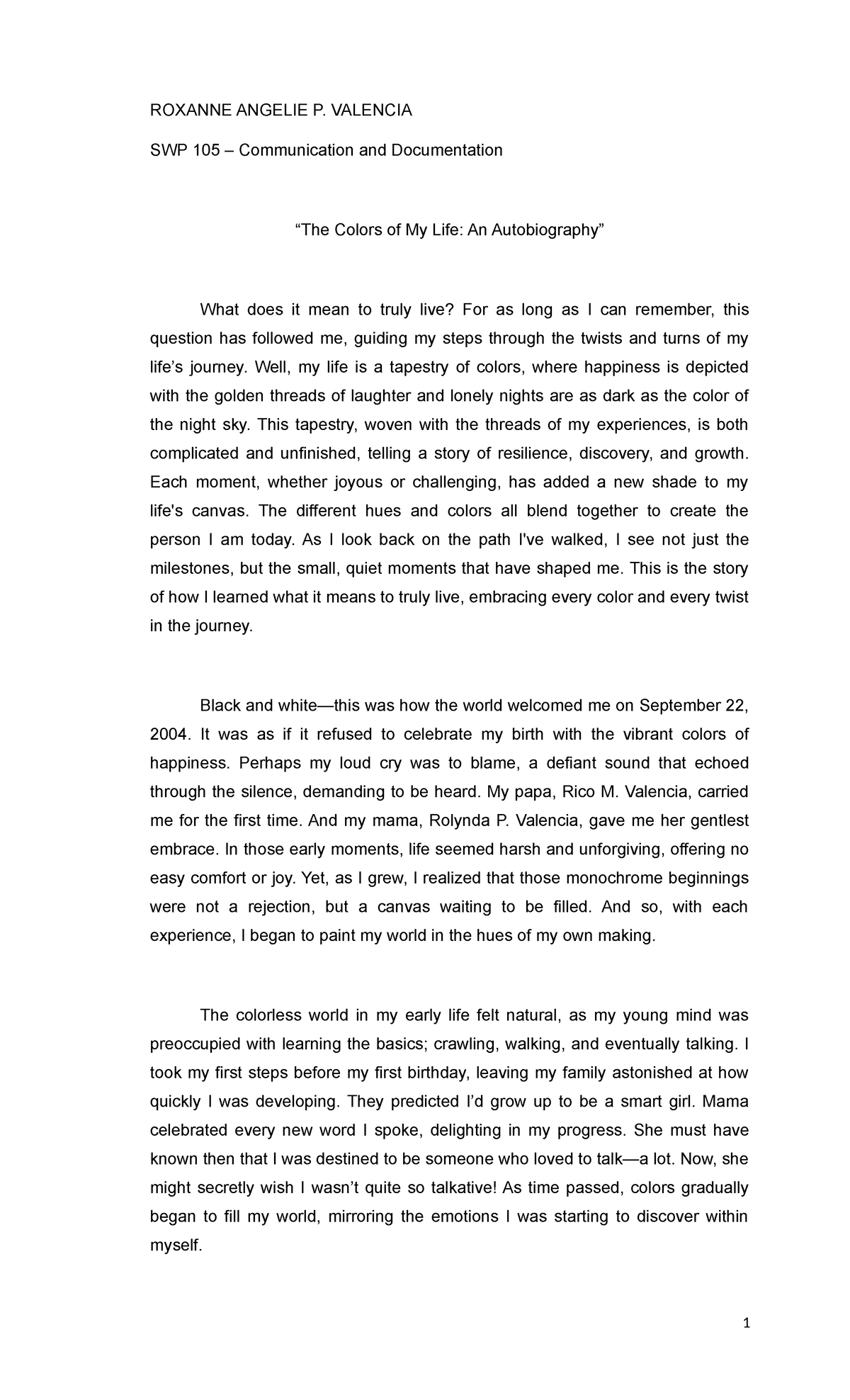 SWP 105 Autobiography: The Colors of My Life by Roxanne Angelie P ...