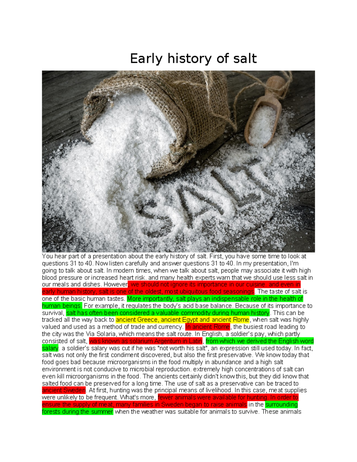 IELTS Listening: Early History of Salt Presentation Notes - Studocu