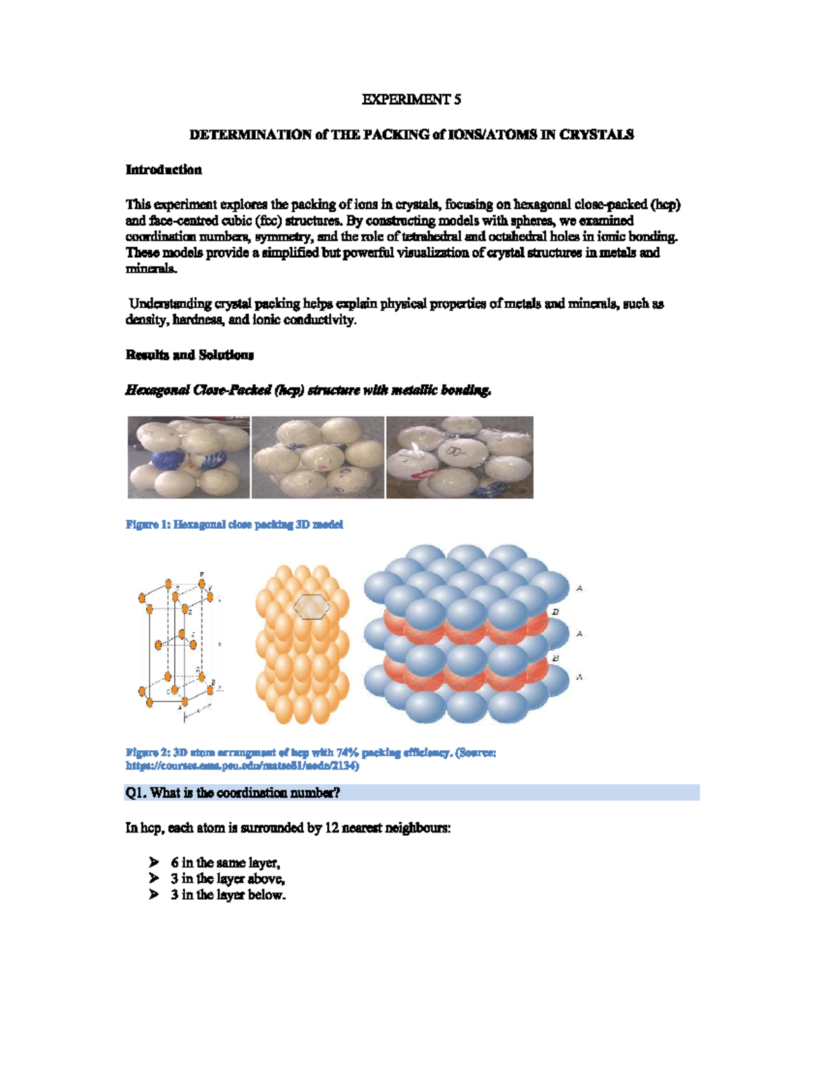 Experiment 5: Determination of Ion Packing in Crystal Structures - Studocu