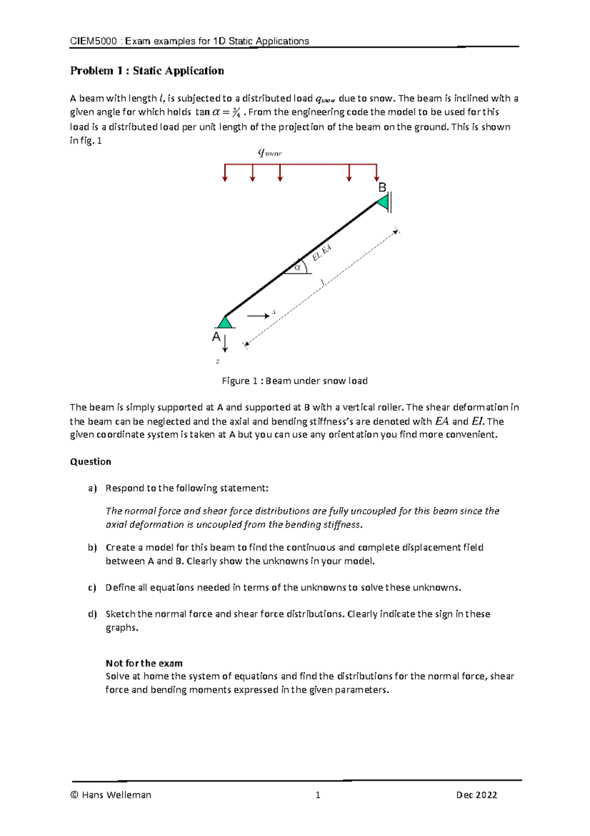 Exam Examples for 1D Statics: Beam Load Analysis and Solutions ...