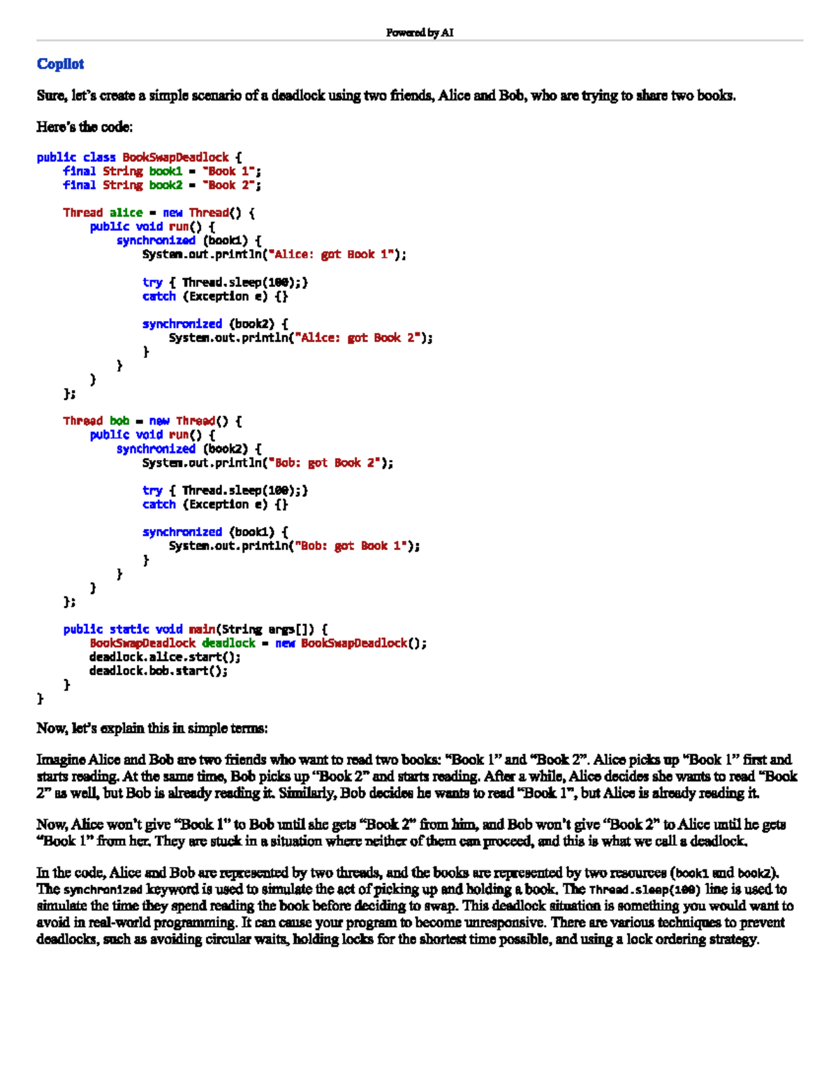Deadlock Scenario: Code Example of Alice and Bob's Book Swap - Studocu