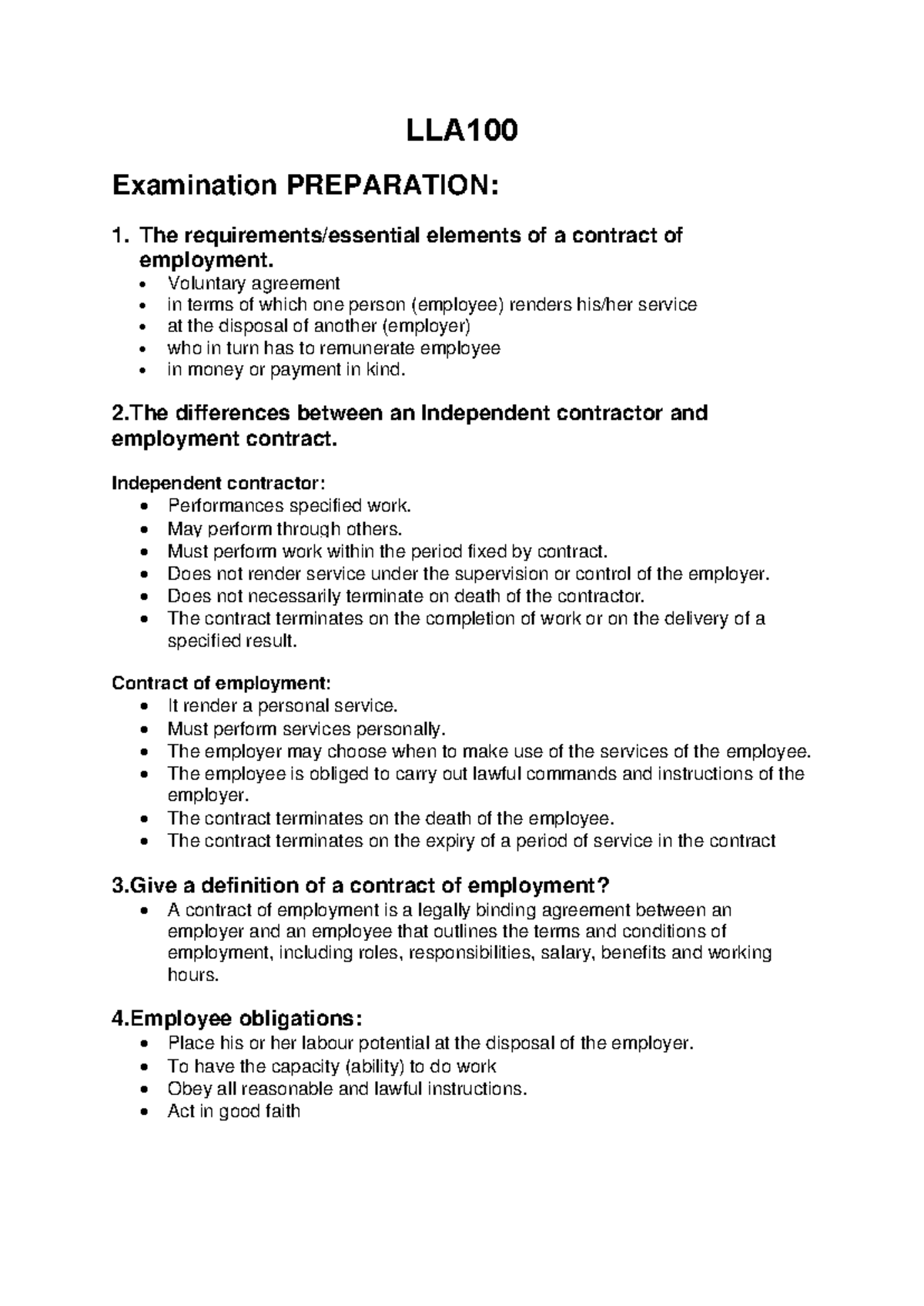 LLA100 Exam Notes: Understanding Employment Contracts and Rights - Studocu