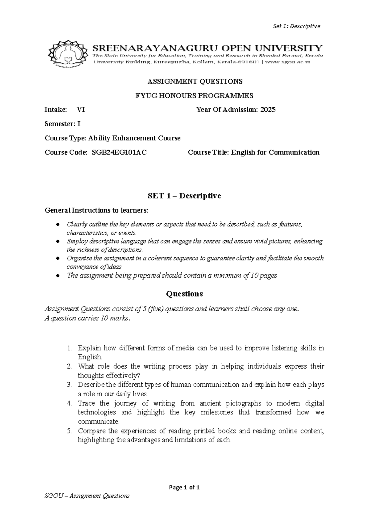 SGB24EG101AC: Descriptive Assignment Questions Set 1 - English for ...